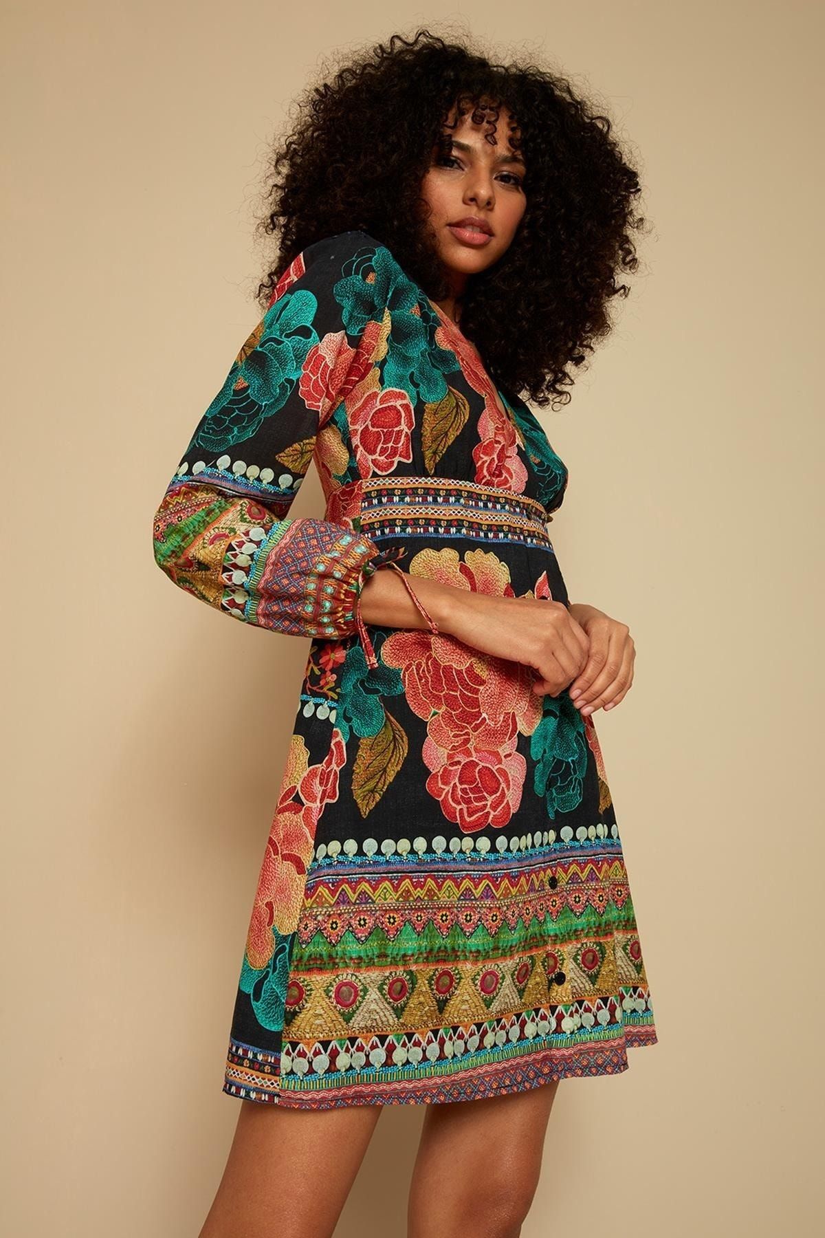 Select Moda Kadın Renkli Renkli V Yaka Balon Kollu Elbise