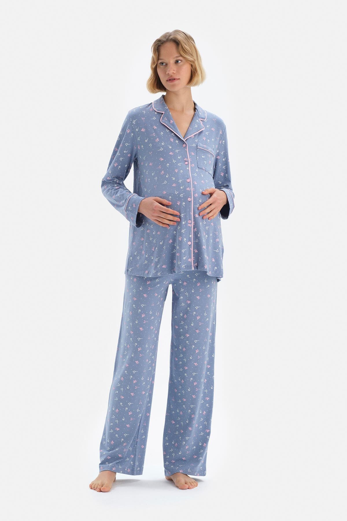 Dagi Mavi Gömlek Yaka Biyeli Üst Çiçek Desenli Pijama Takım