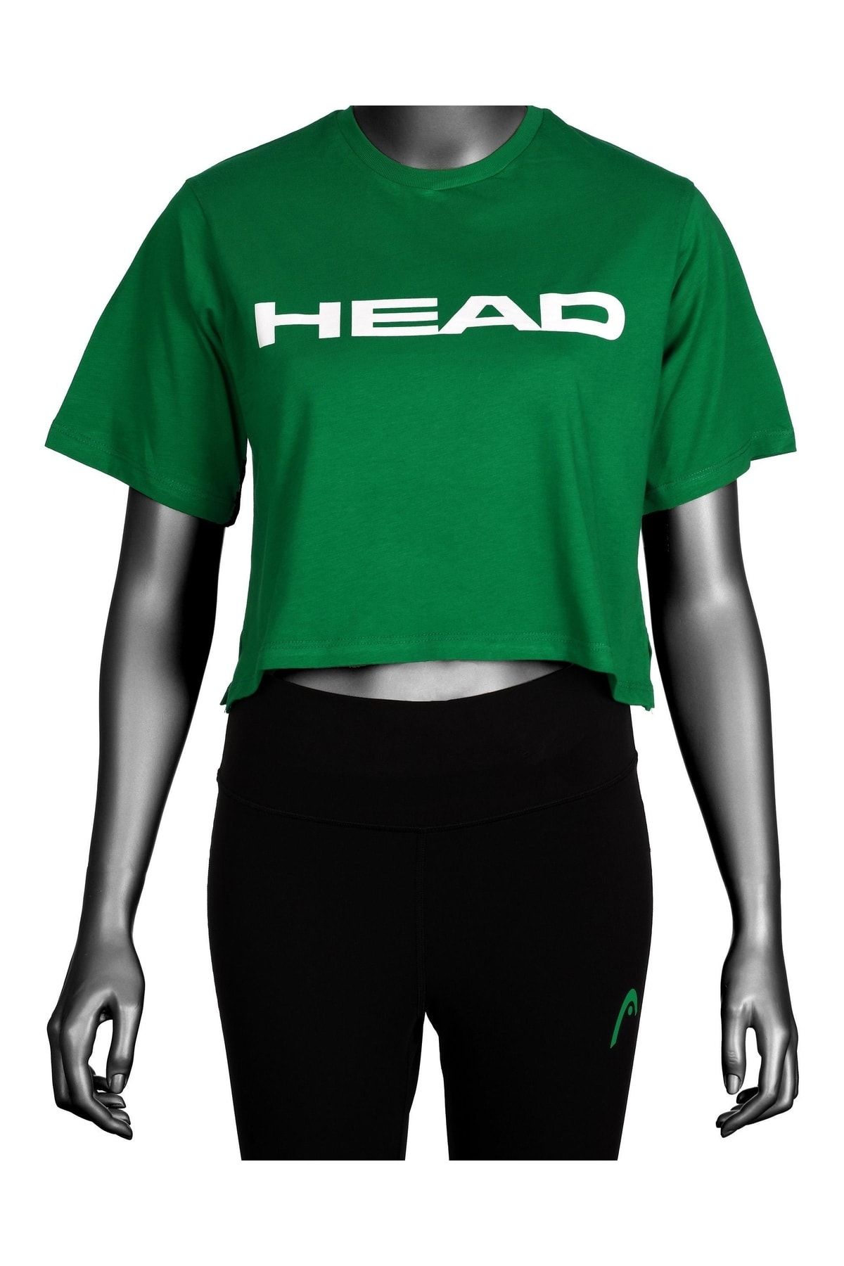 Head Kadın Koyu Yeşil Logo Baskılı Pamuklu Bisiklet Yaka Spor Şık Croptop Spor T-shirt Tenis Tişört