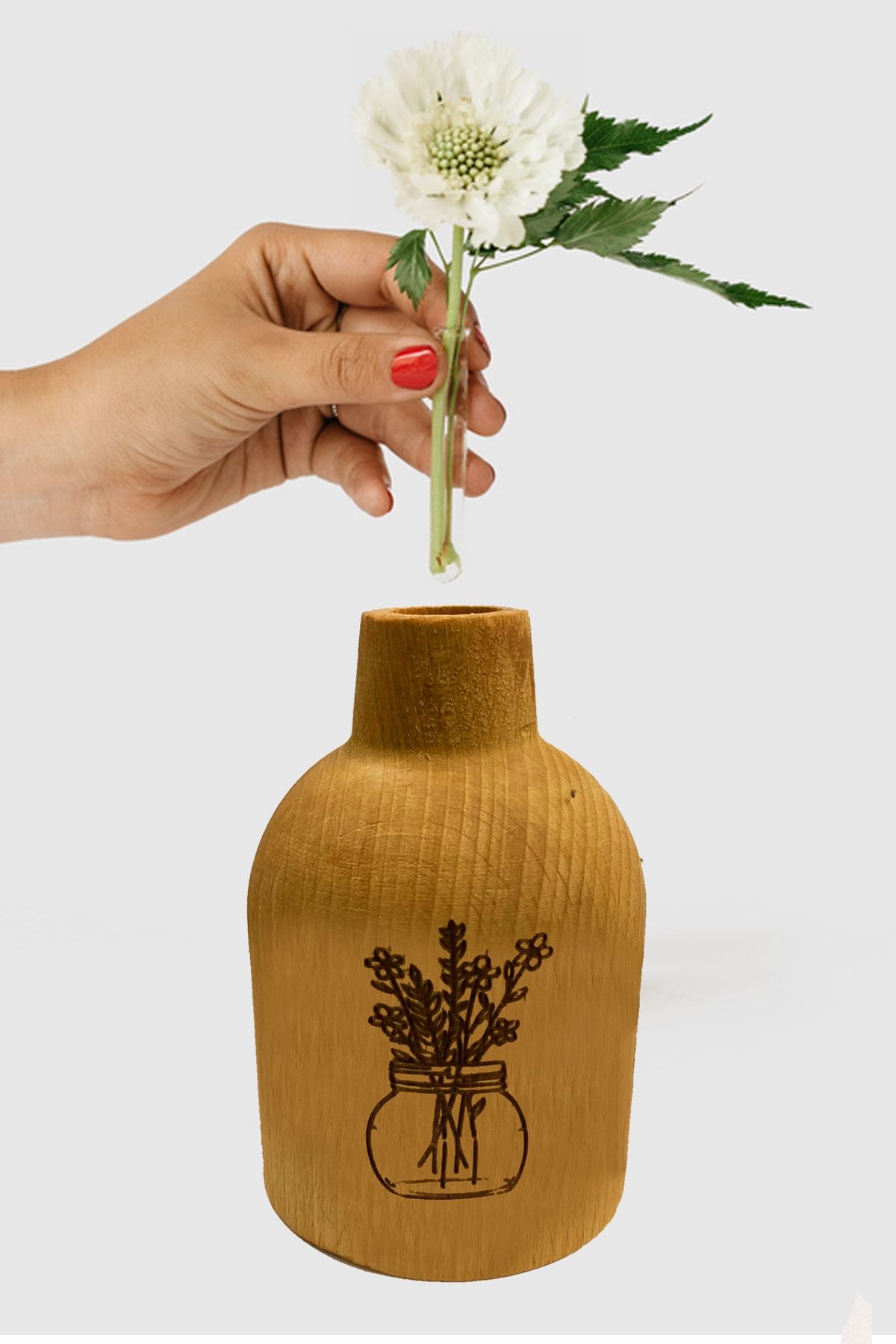 JOY KİTCHEN Ahşap Mini Vazo Ev Aksesuarı - Çiçek Desenli 12cm