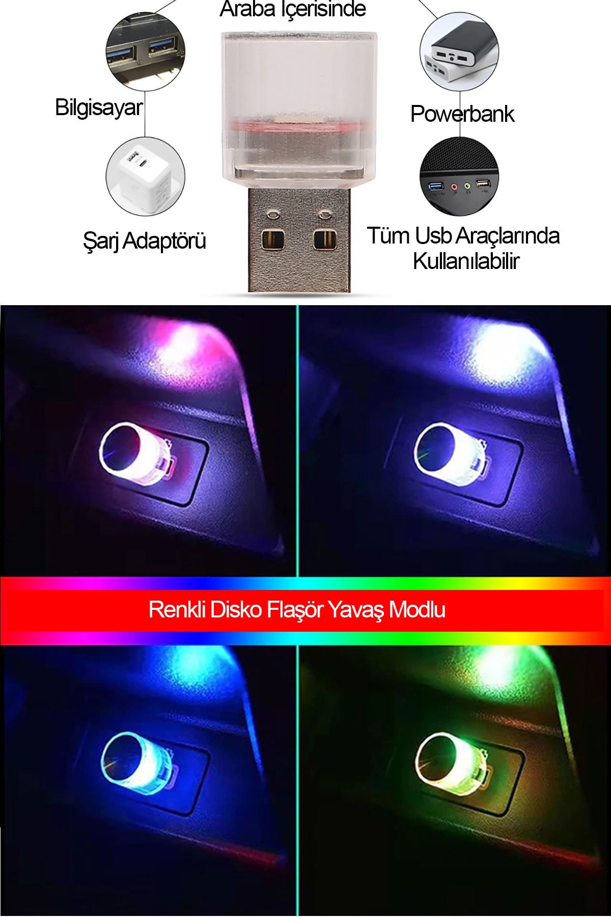 Mega Oto Market Usb Mini Led Lamba Disko Yavaş Mod 12 Volt Dekoratif Işık Ev Araba Dış Mekan Uyumlu