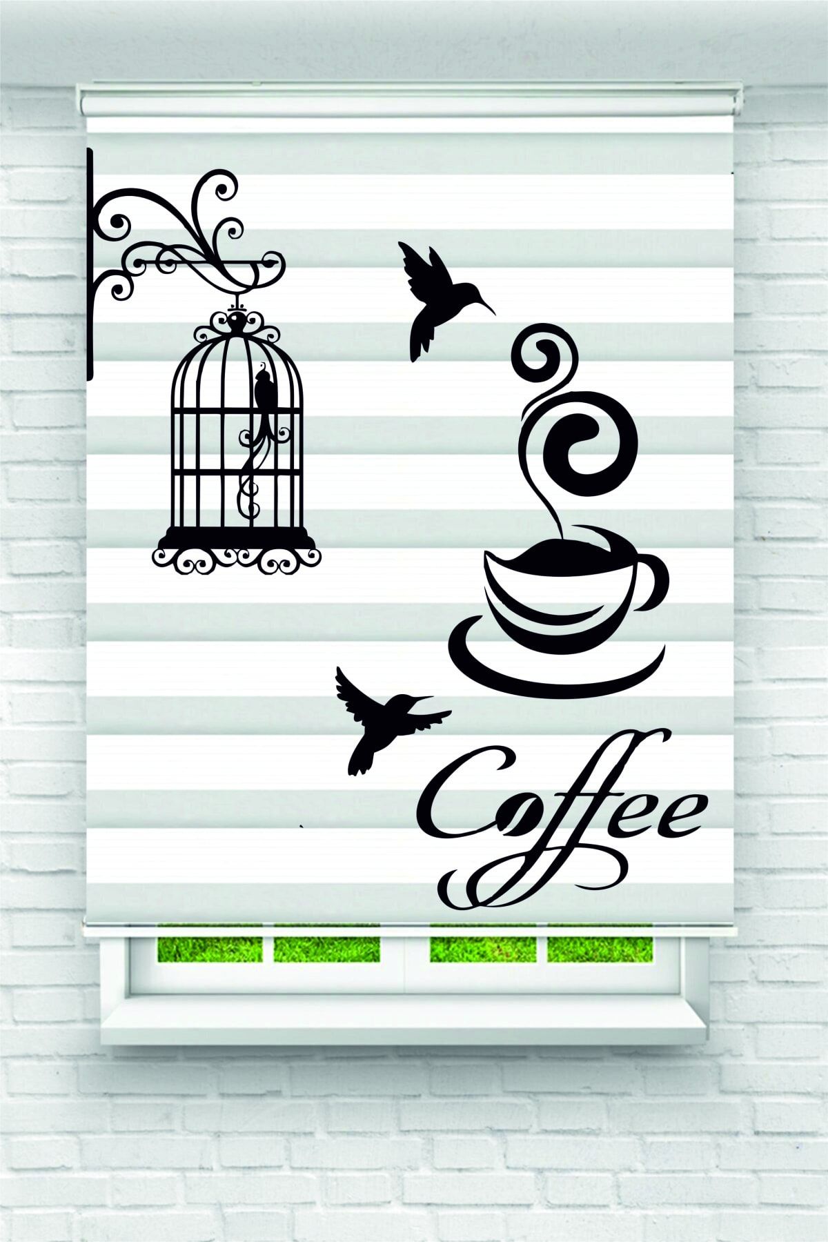Grande Siyah Beyaz Kahve Fincanlar Kuş Mutfak Temalı Baskı Zebra Perde Mutfak Perdesi La-1026