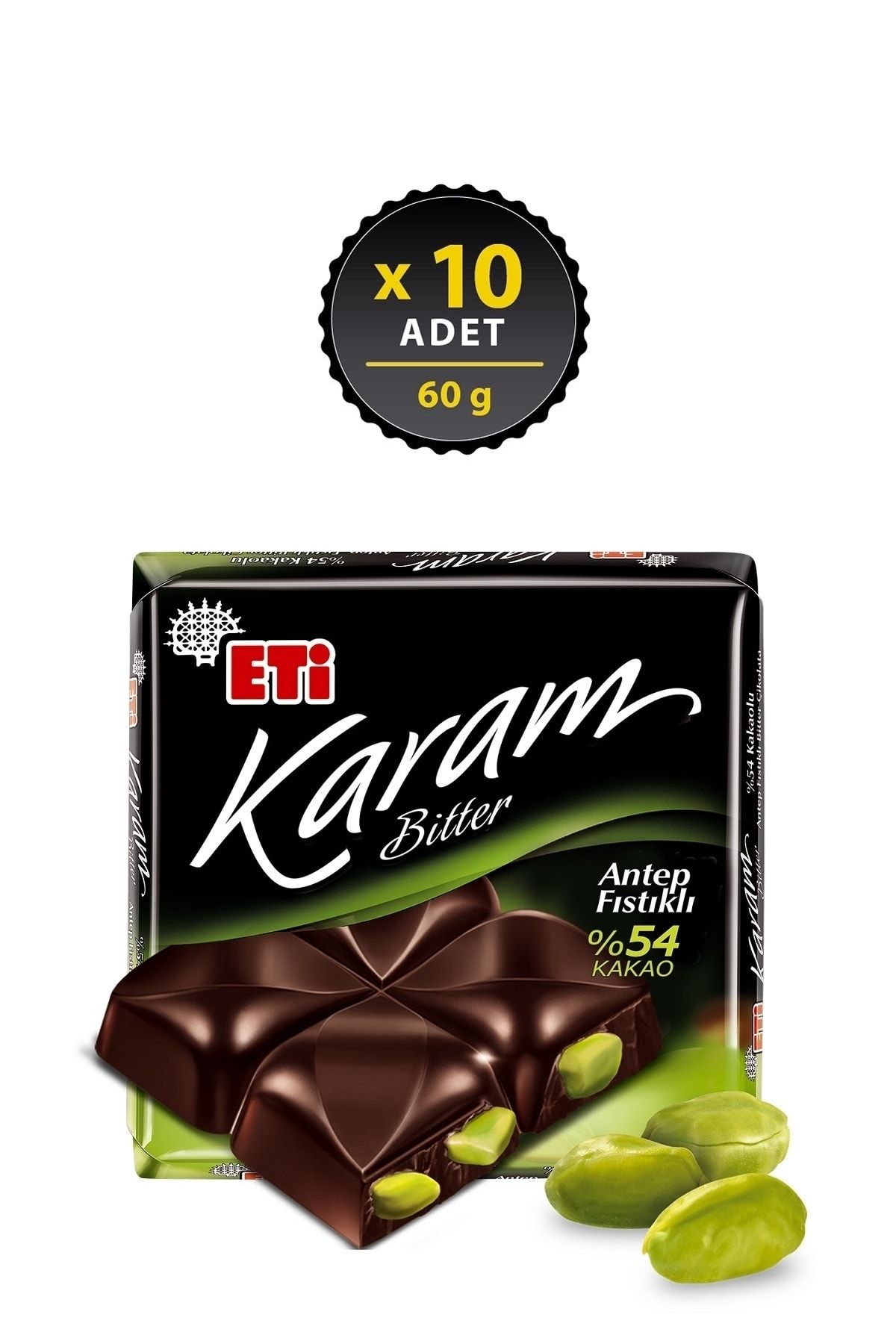 Eti Karam %54 Kakaolu Antep Fıstıklı Bitter Çikolata 60 g x 10 Adet