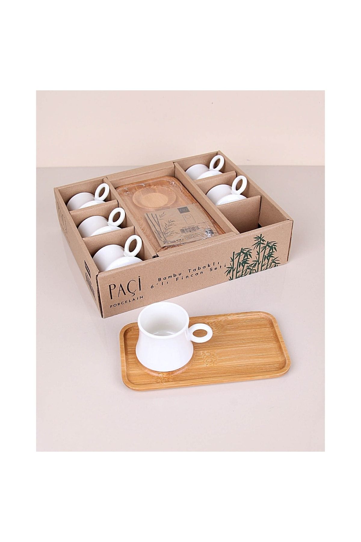 Paçi Porselen Bambu Tabaklı 6 Kişilik Kahve Fincan Takımı