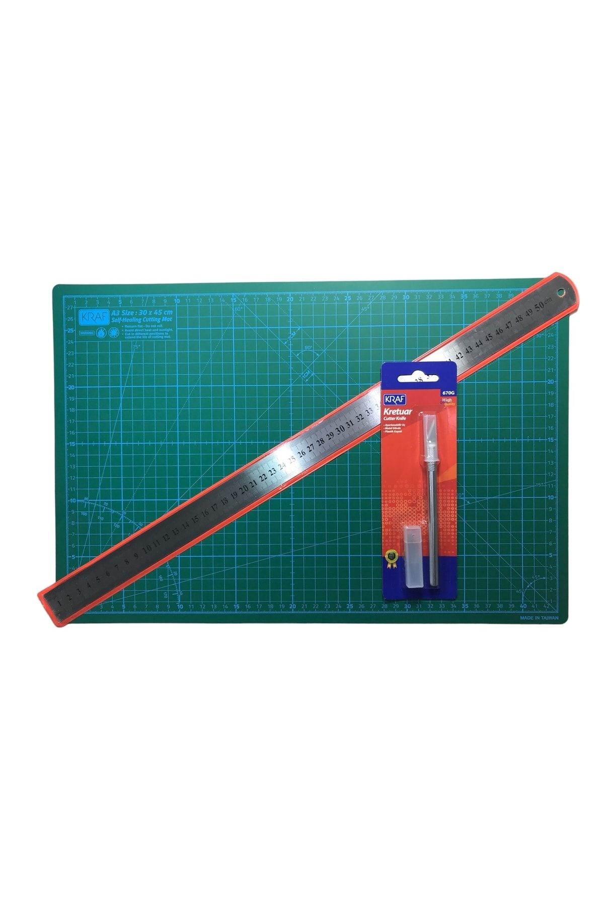 KRAF Profesyonel Kesim Seti A3 (30x45cm) + Kretuar Bıçağı + Cetvel 50cm