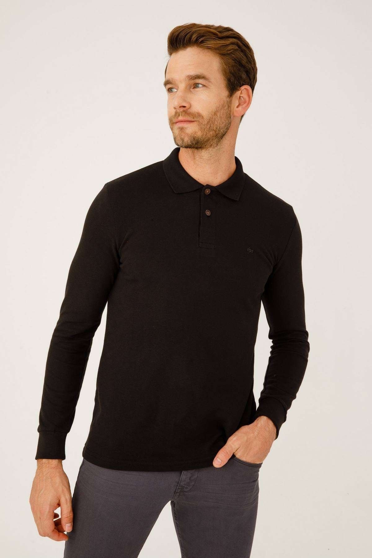 İgs Erkek Siyah Standart Polo Yaka Düğmeli Sweatshirt