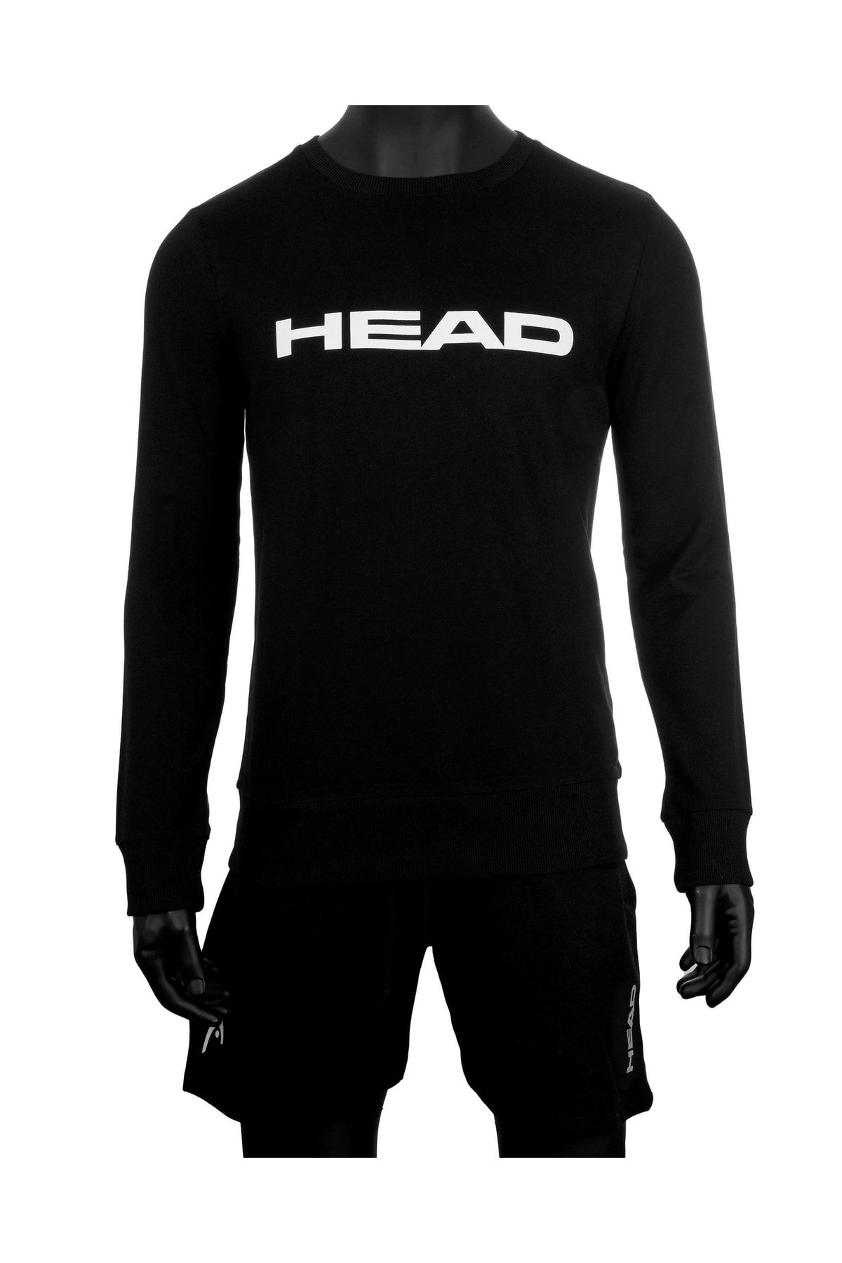 Head Erkek Siyah Logo Baskılı Mevsimlik Pamuklu Bisiklet Yaka Sporcu Basic Tenis Sweatshirt