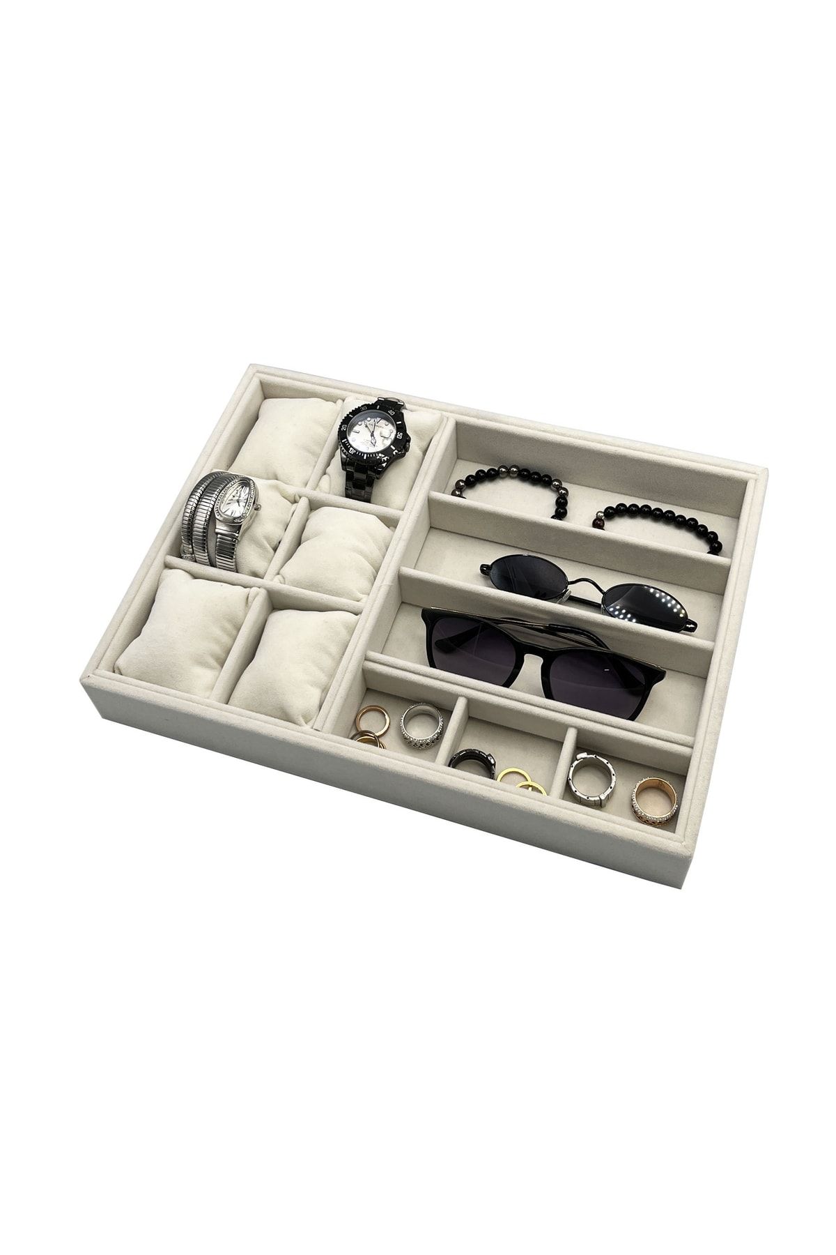 Polo Cross Saat Gözlük Yüzük Bileklik Takı Standı Süet Krem Bölmeli