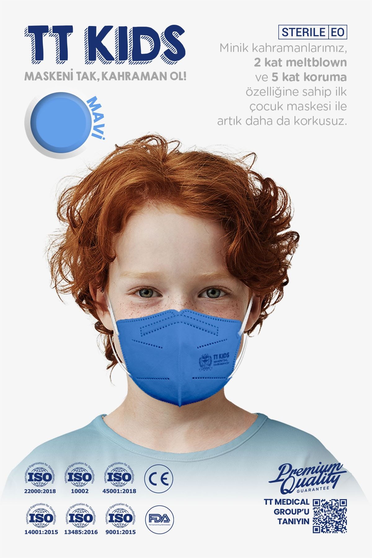 TTMedical 10'lu Çocuk Mavi 5 Katmanlı Filtre Korumalı Yüz Maskesi Esnek Kulak Ipli Özel Üretim