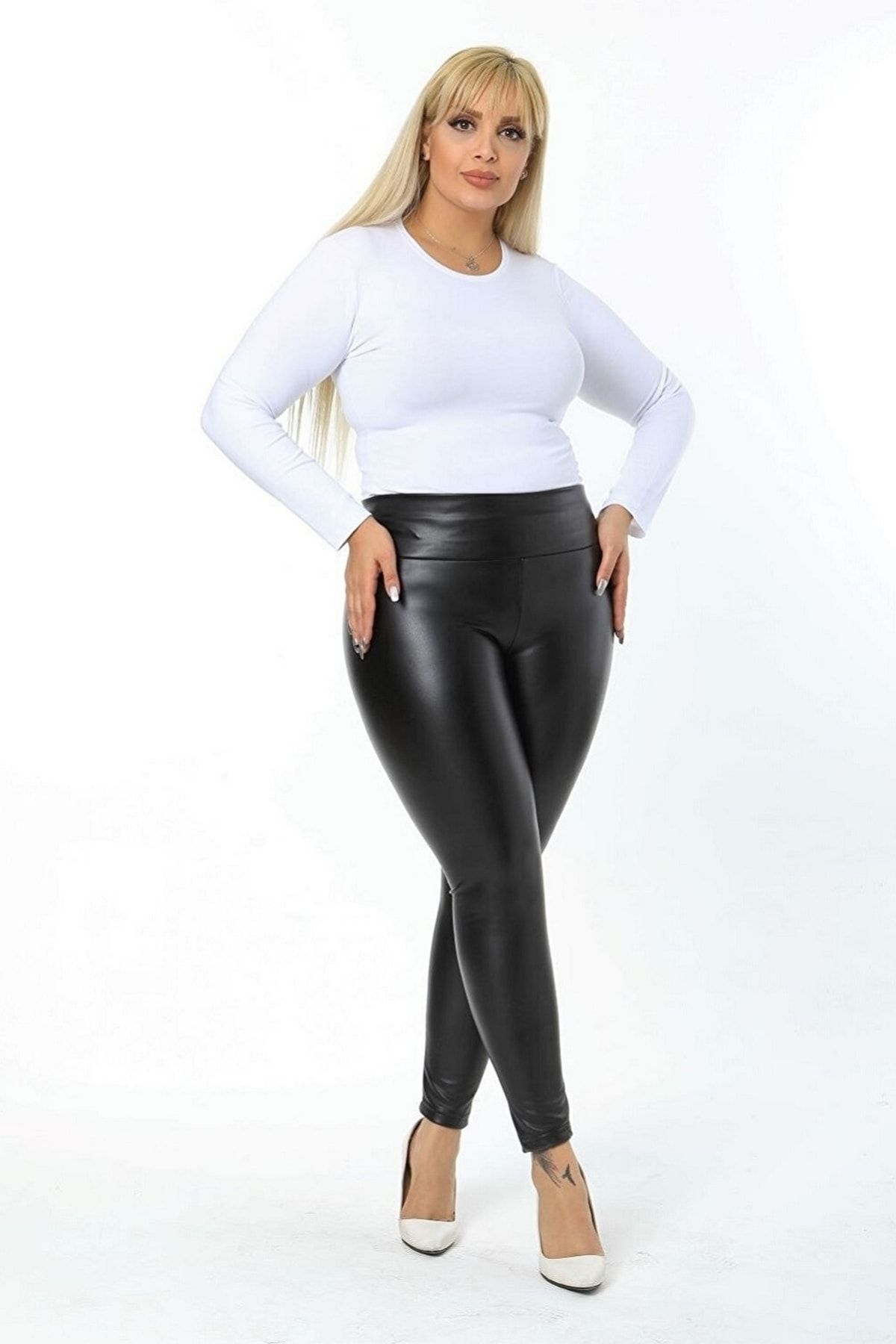 Siyah Kadın Siyah Büyük Beden Şardonlu Yüksek Bel Tam Kalıp Likralı Tayt Pantolon 100 Cm