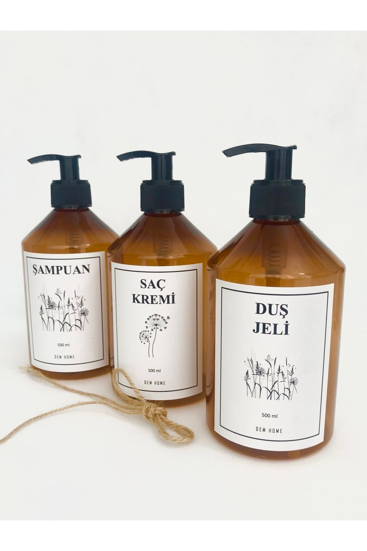 Dem Home Açık Amber Cam Görünümlü Plastik Banyo Şampuan-saç Kremi-duş Jeli 3lü Şişe Seti Pompa Kapaklı 500ml