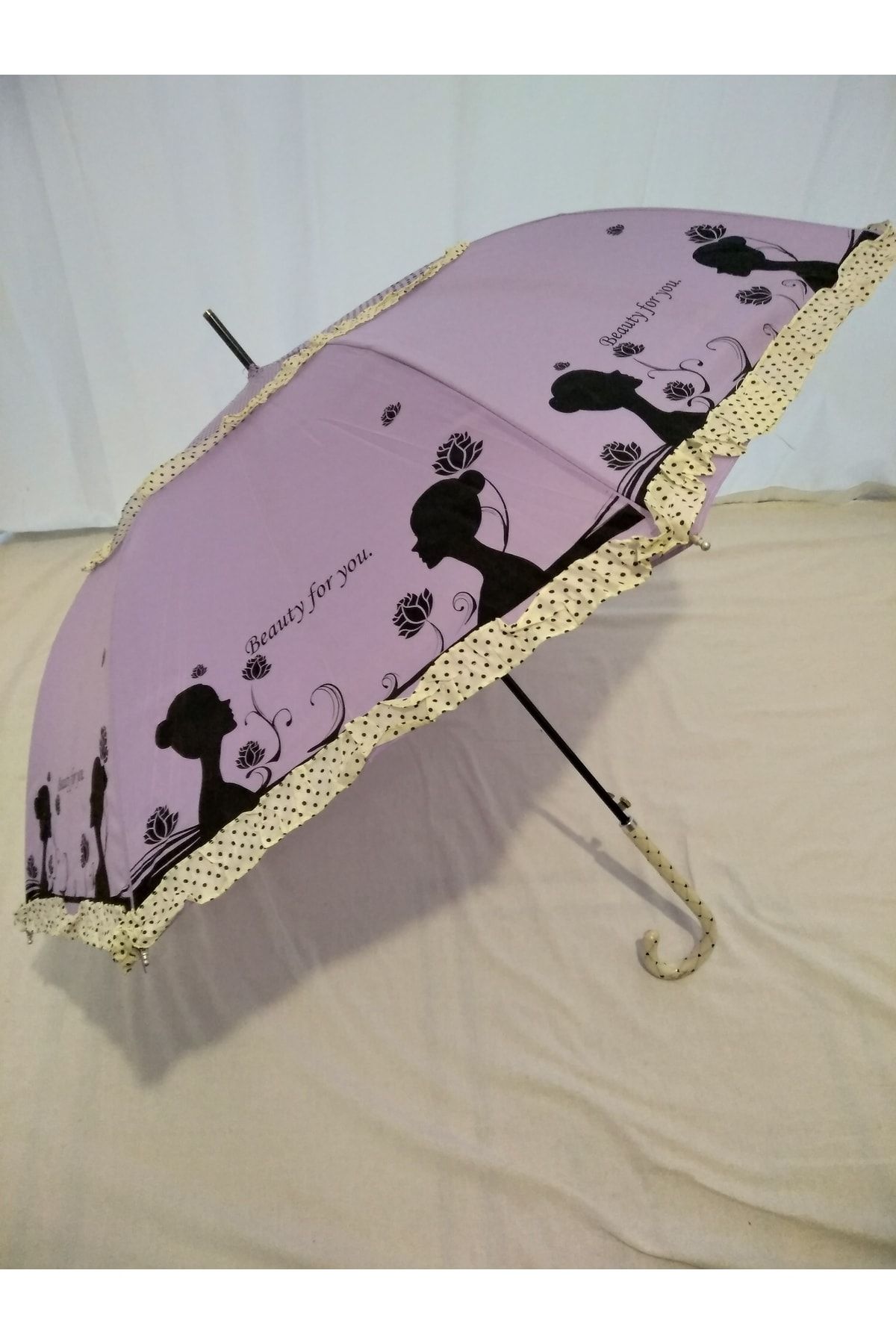 Çiçek Şemsiye Kadın Şemsiye Mor Renk 8 Telli Otomatik Büyük Boy Dantel Kenarlı Yumuşak Saplı Desenli