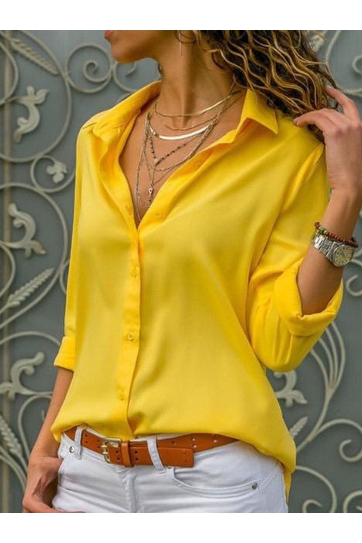 POLO BONETTA Kadın Sarı Basic Normal Kalıp Dokuma Viskon Kumaş Gömlek Bluz