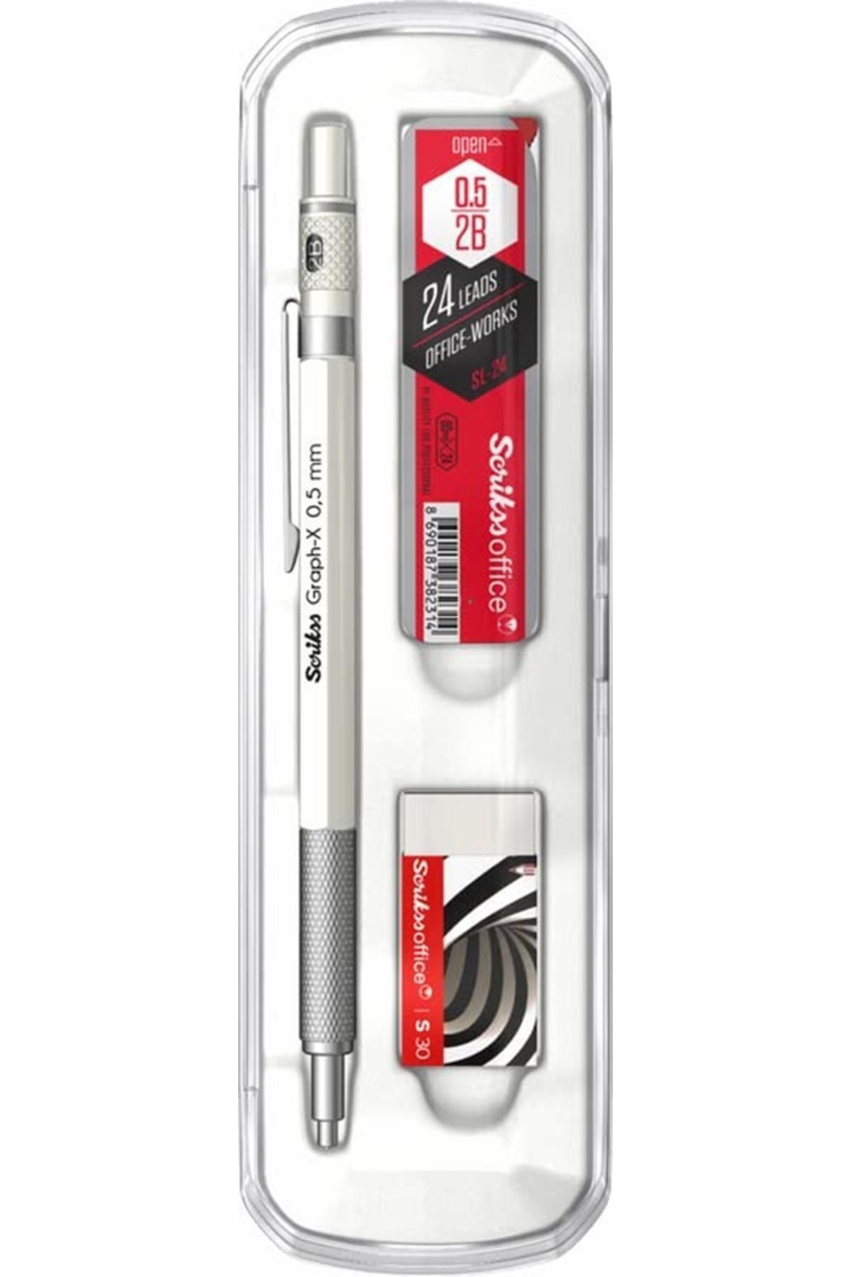 Scrikss Office Graphx 3'lü Set Mekanik Kurşun Kalem Silgi Min Beyaz 0.5 mm