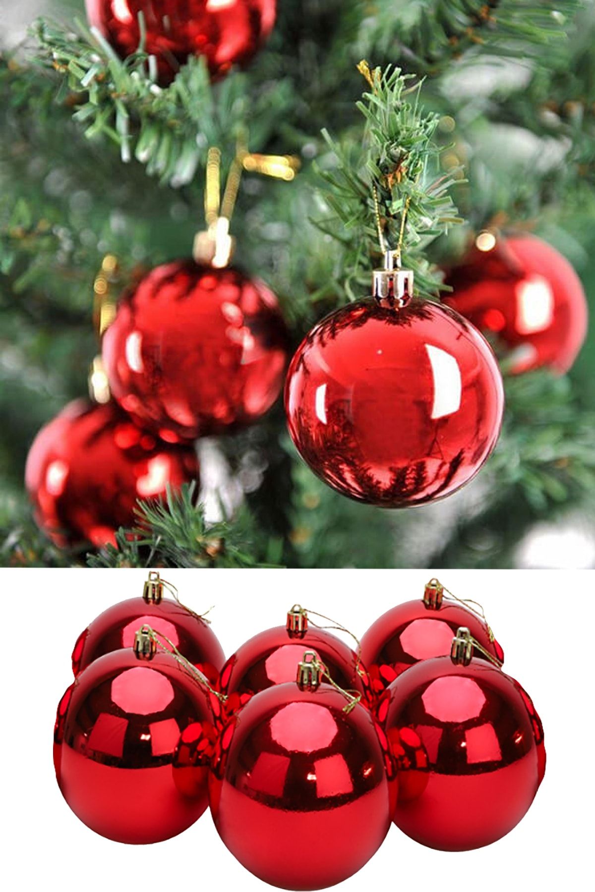 Parti Dolabı 6 Adet Büyük Boy Kırmızı Yılbaşı Çam Ağaçı Süsü Yeni Yıl Noel Dekor Parlak Cici Top Süs 6cm
