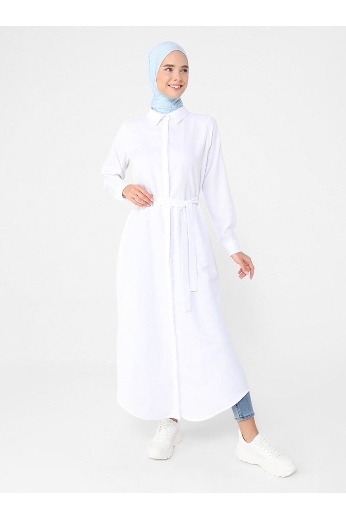 Refka Oxford Kumaştan Gizli Düğmeli Uzun Gömlek Tesettür Elbise - Beyaz - Basic