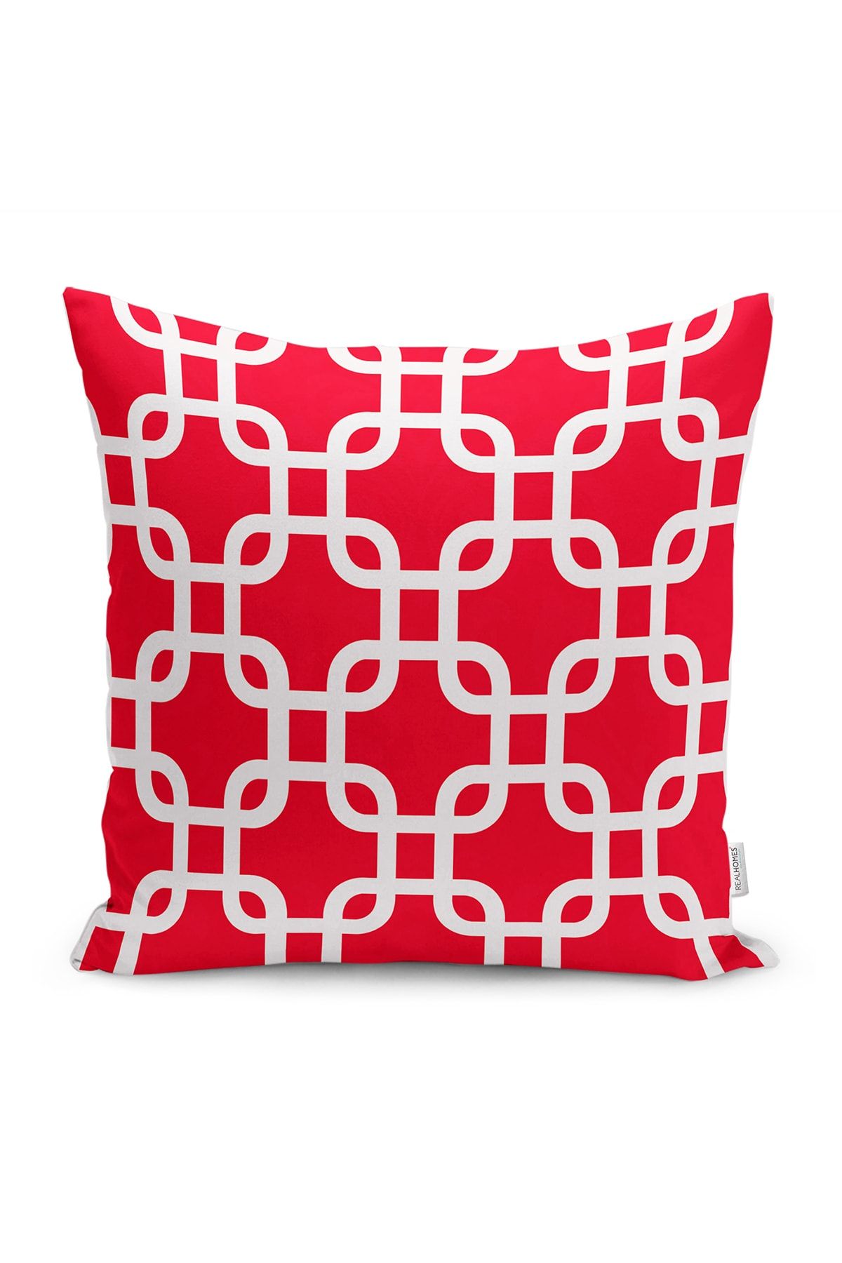Realhomes Kırmızı Zeminde Geometrik Motifli Mozaik Desenli Dijital Baskılı Yastık Kırlent Kılıfı