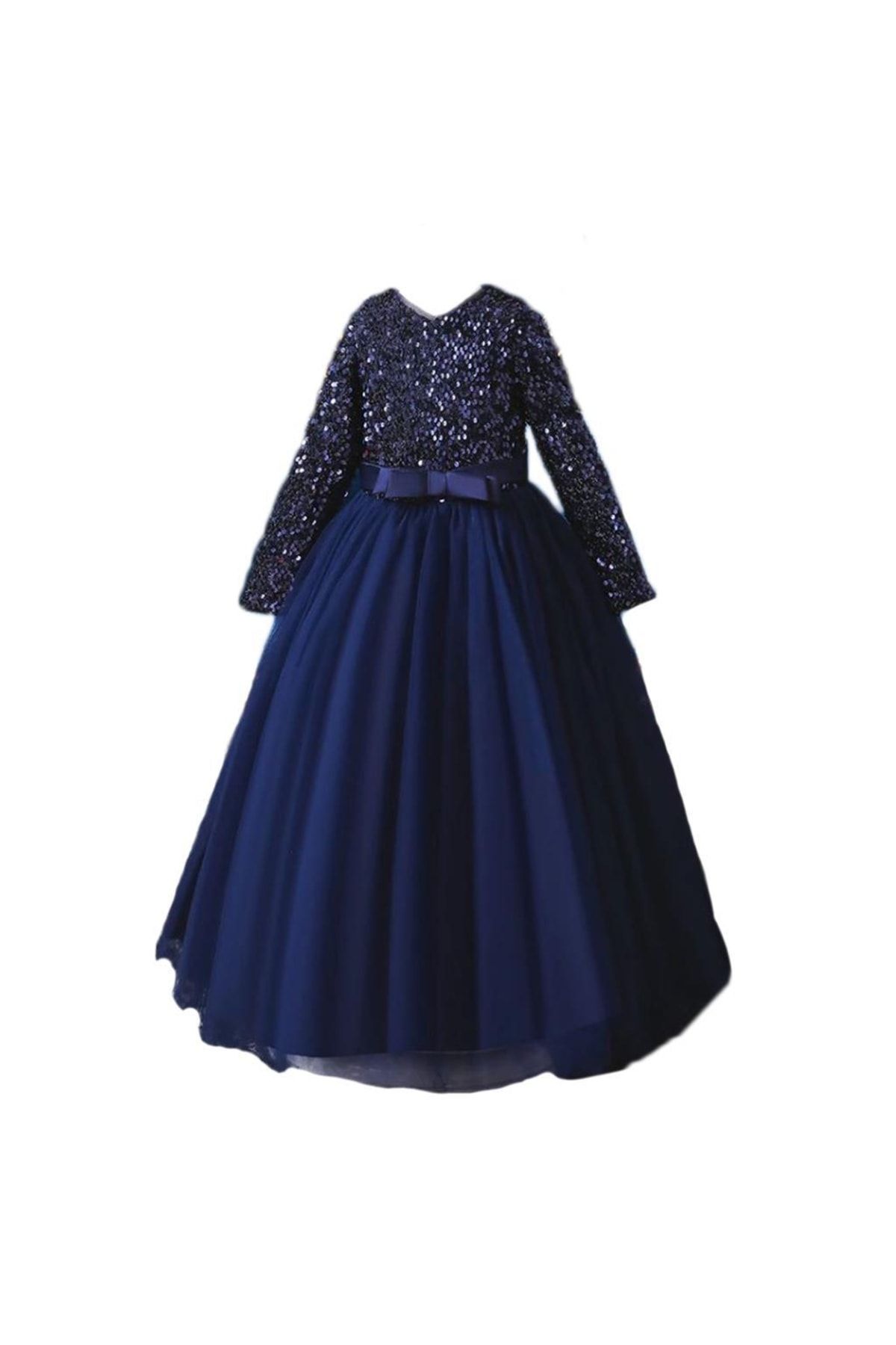 Mashotrend Lacivert Zara Payetli Çocuk Abiye - Kız Çocuk Elbise - Kız Çocuk Balo Elbise Noel Elbise