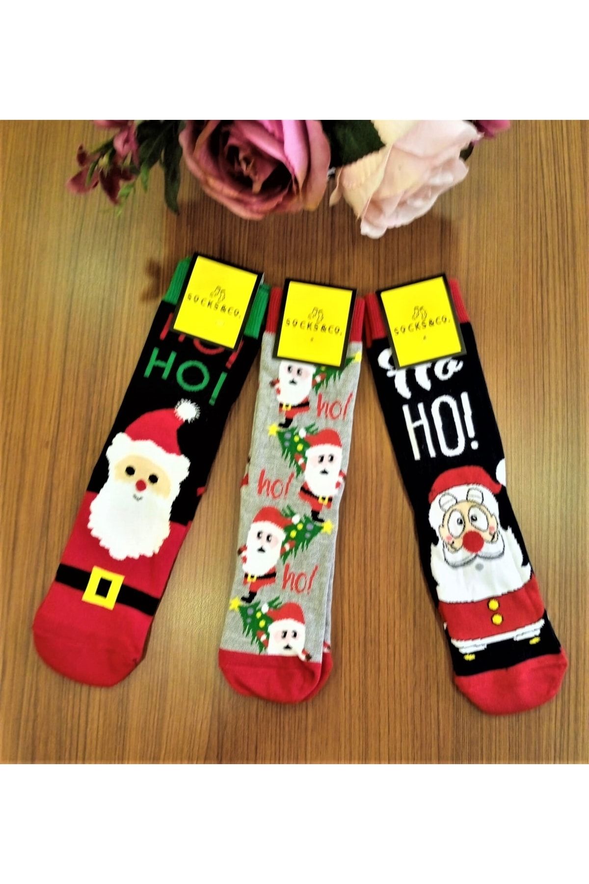 Çimpa Unisex 3'lü Kombin Pamuklu Noel Babalı Yılbaşı Temalı Çorap
