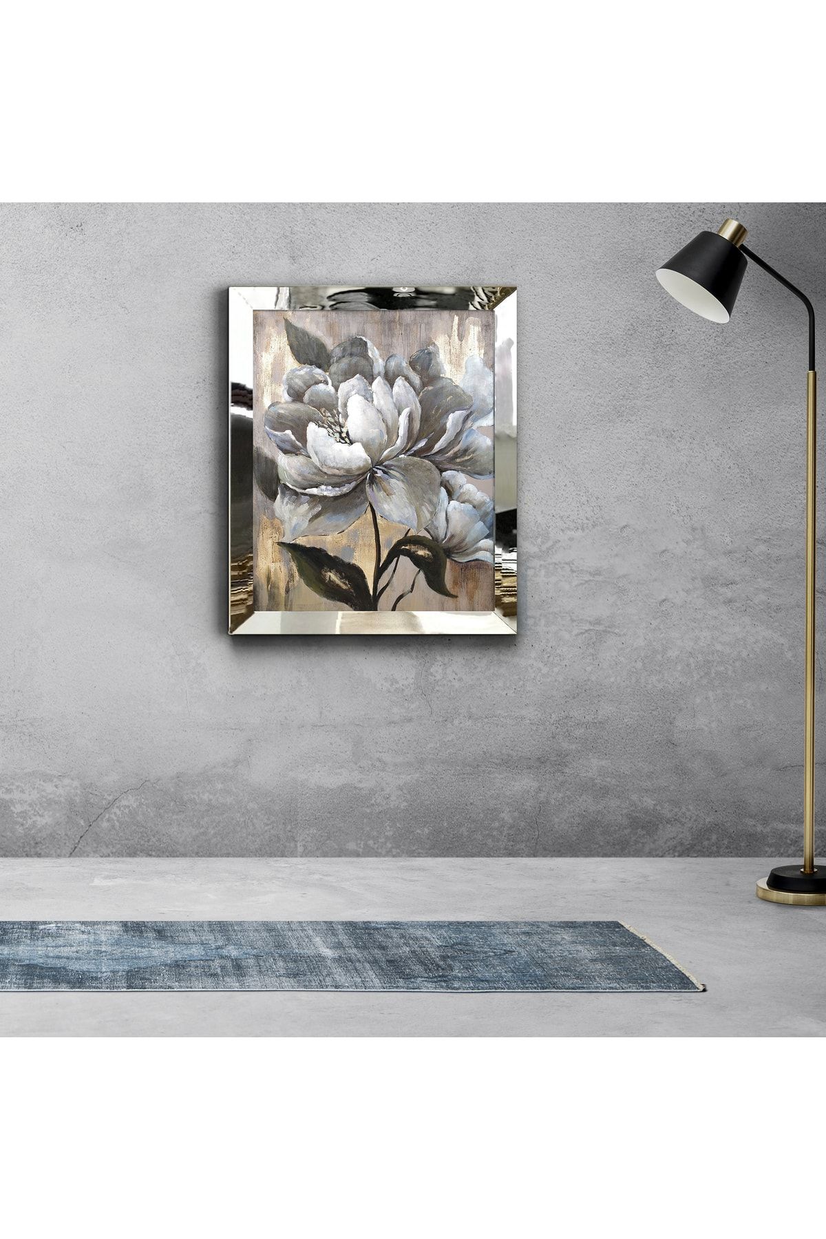 tablom burada Gümüş Ayna Çerçeveli Beyaz Yağlı Boya Efektli Manolya Çiçeği Tablosu