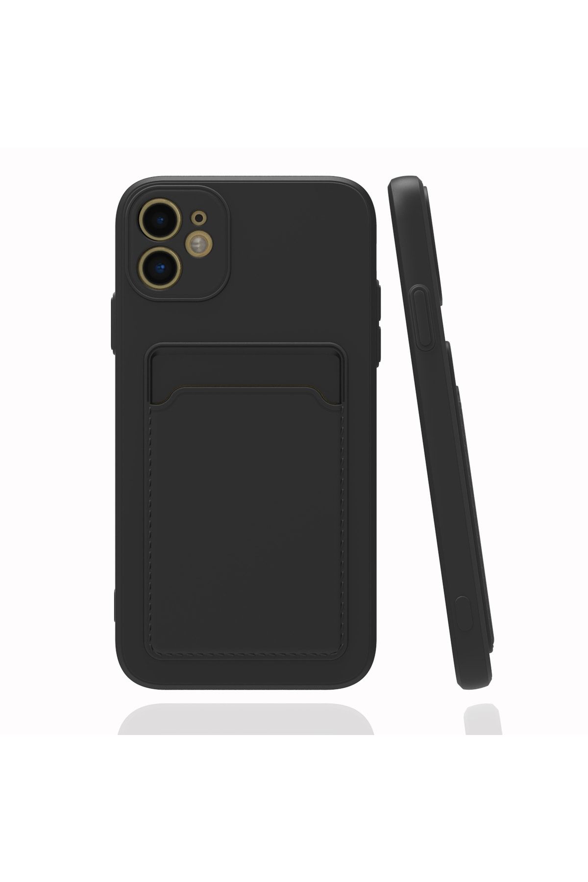 Fibaks İphone 11 Uyumlu Kılıf Kamera Korumalı Kartlıklı Cüzdanlı Kırmızı Tuşlu Siyah Silikon Kapak