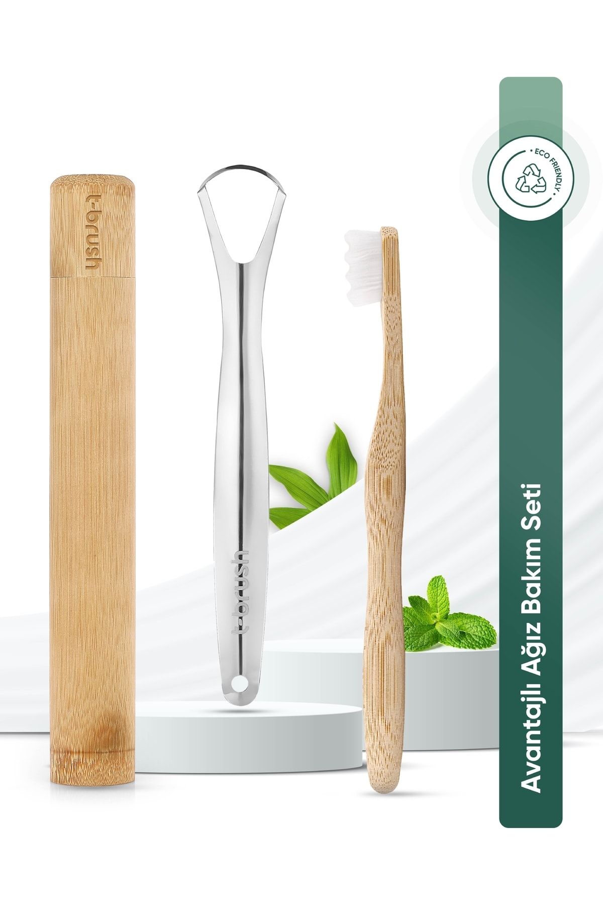 TBRUSH Beyaz Nano Bambu Diş Fırçası - Ultra Soft + Paslanmaz Çelik Dil Temizleyici + Diş Fırçası Kabı