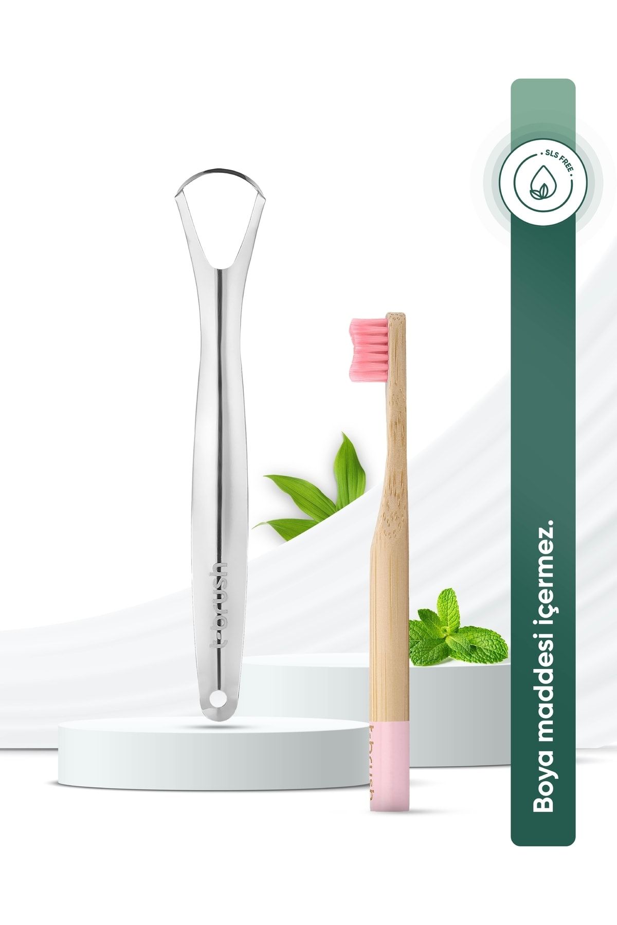 TBRUSH Pembe Doğal Bambu Vegan Diş Fırçası - Soft (yumuşak) + Paslanmaz Çelik Dil Temizleyici