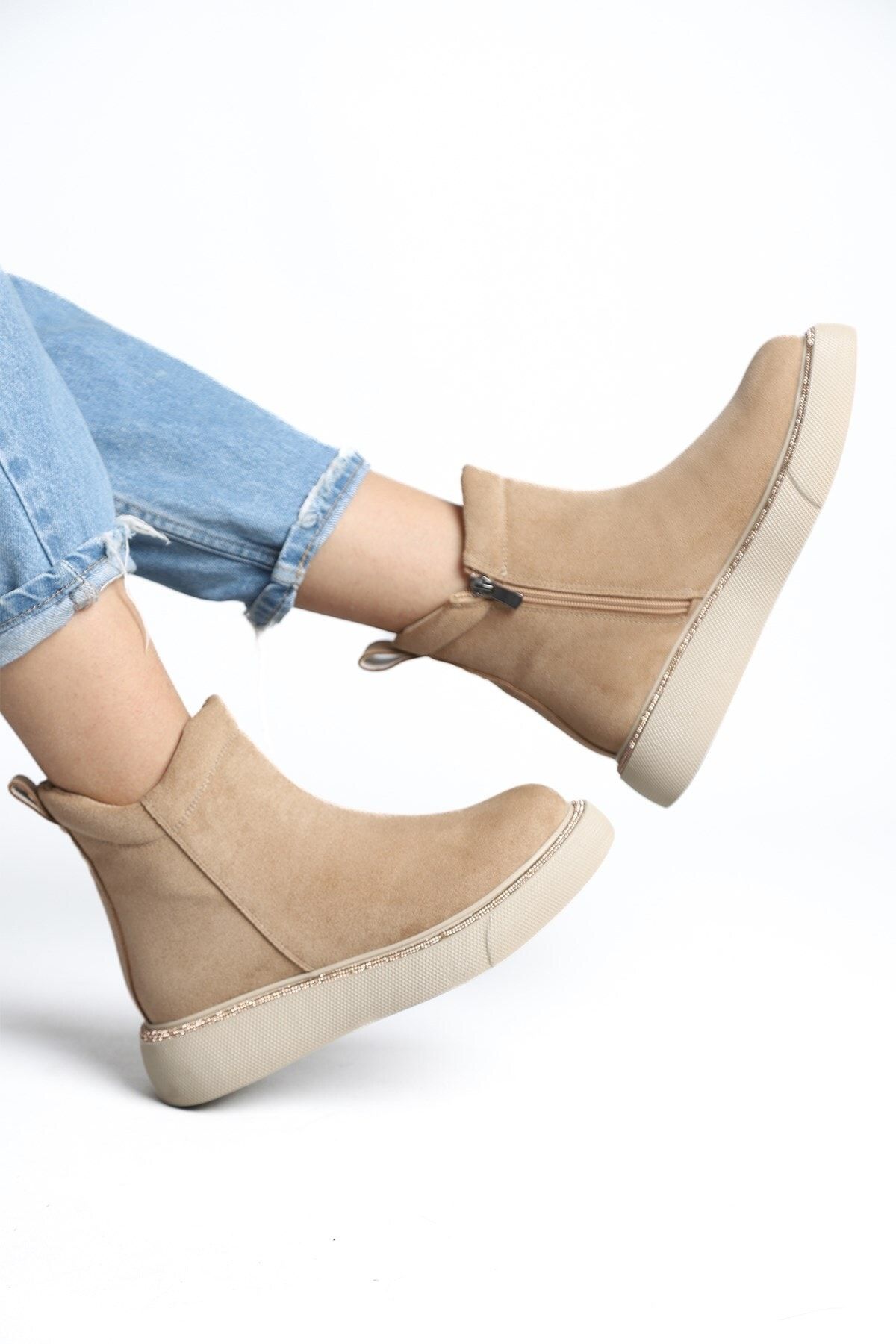 Stilbagshoes Lorenza Taş Detaylı Fermuarlı Süet Kadın Botie Vizon