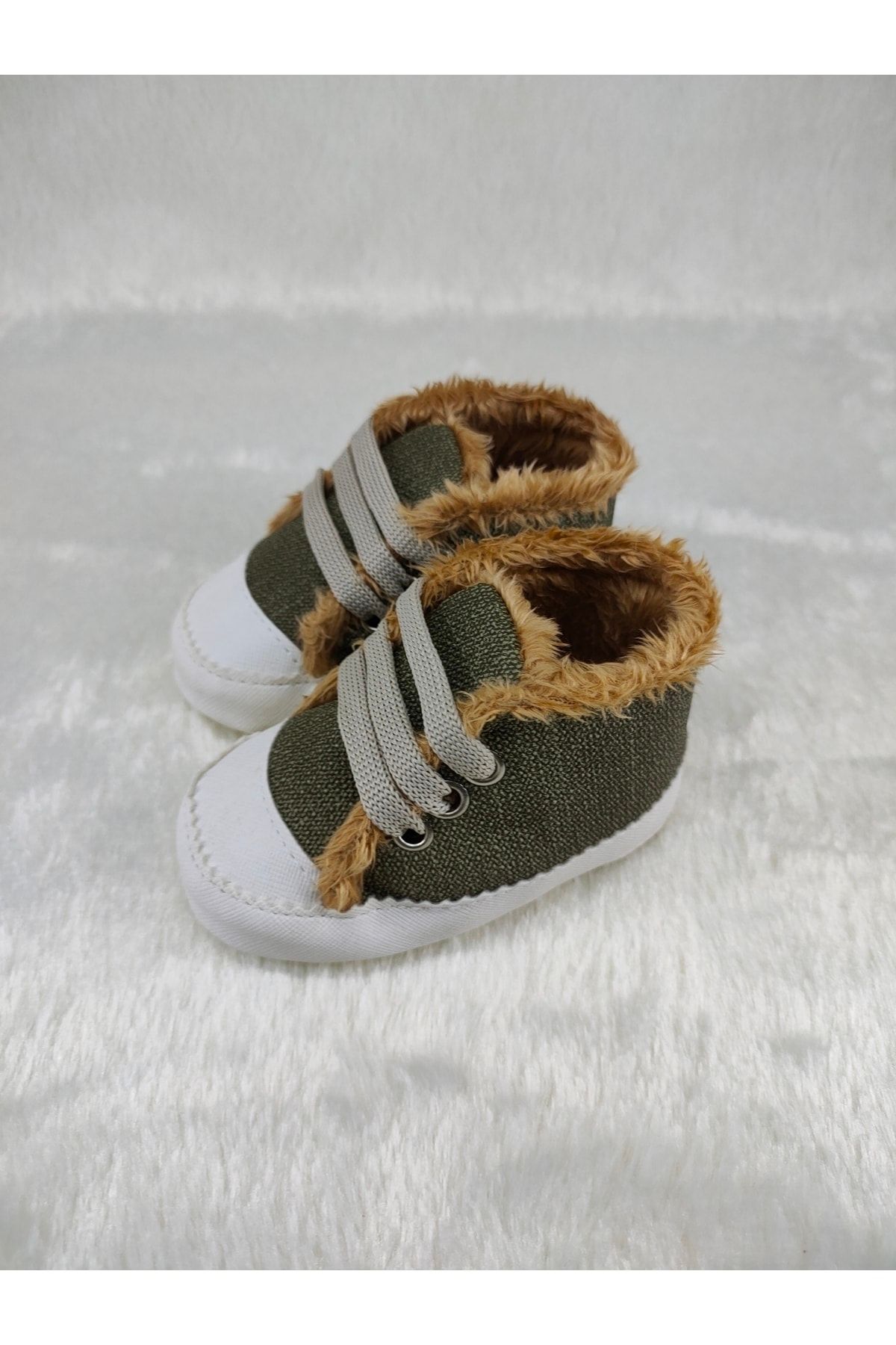 Oscar Baby Haki - Kışlık Tüylü Ilkadım Ayakkabı Tabansız Velboa Astar