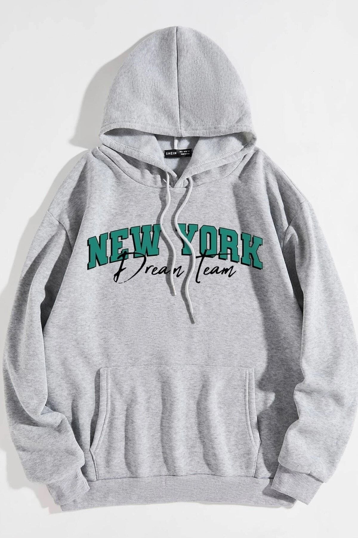 MODAGEN Unisex Gri New York Dream Team Baskılı Kapüşonlu Oversize Sweatshirt