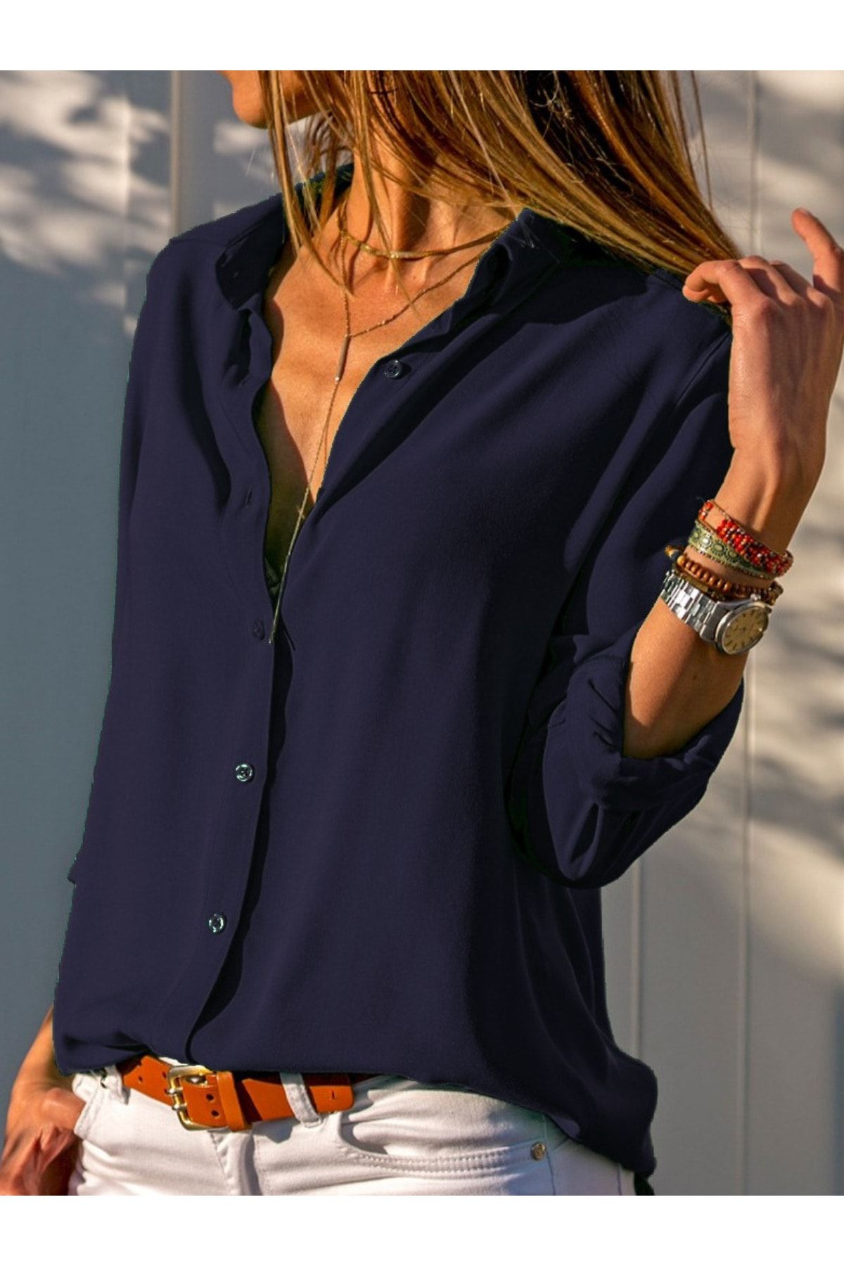 POLO BONETTA Kadın Lacivert Basic Normal Kalıp Dokuma Viskon Kumaş Gömlek Bluz