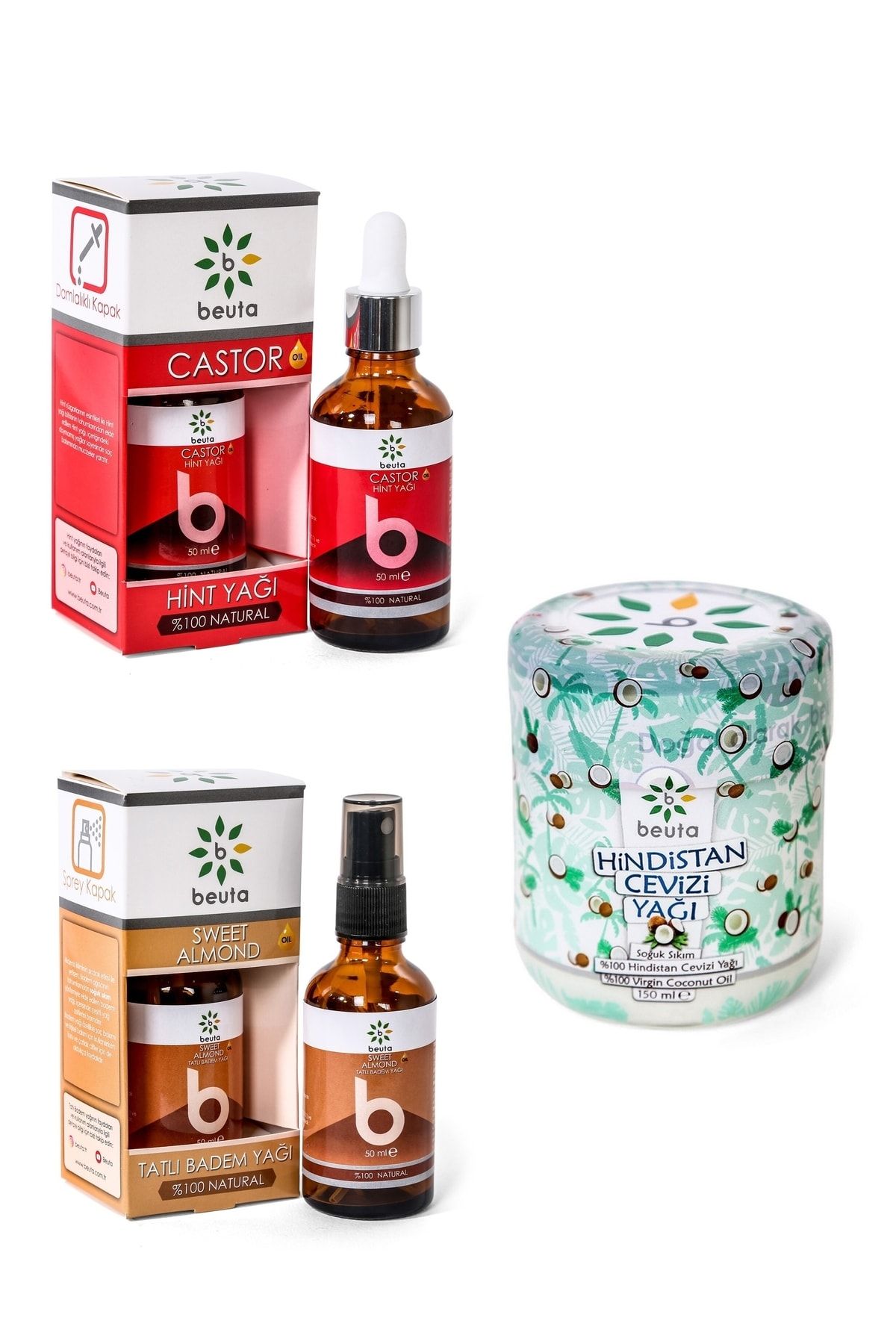 Beuta Hint Yağı + Tatlı Badem Yağı 50 Ml Ve Hindistan Cevizi Yağı 150 Ml(kaş Kirpik Bakım Seti)