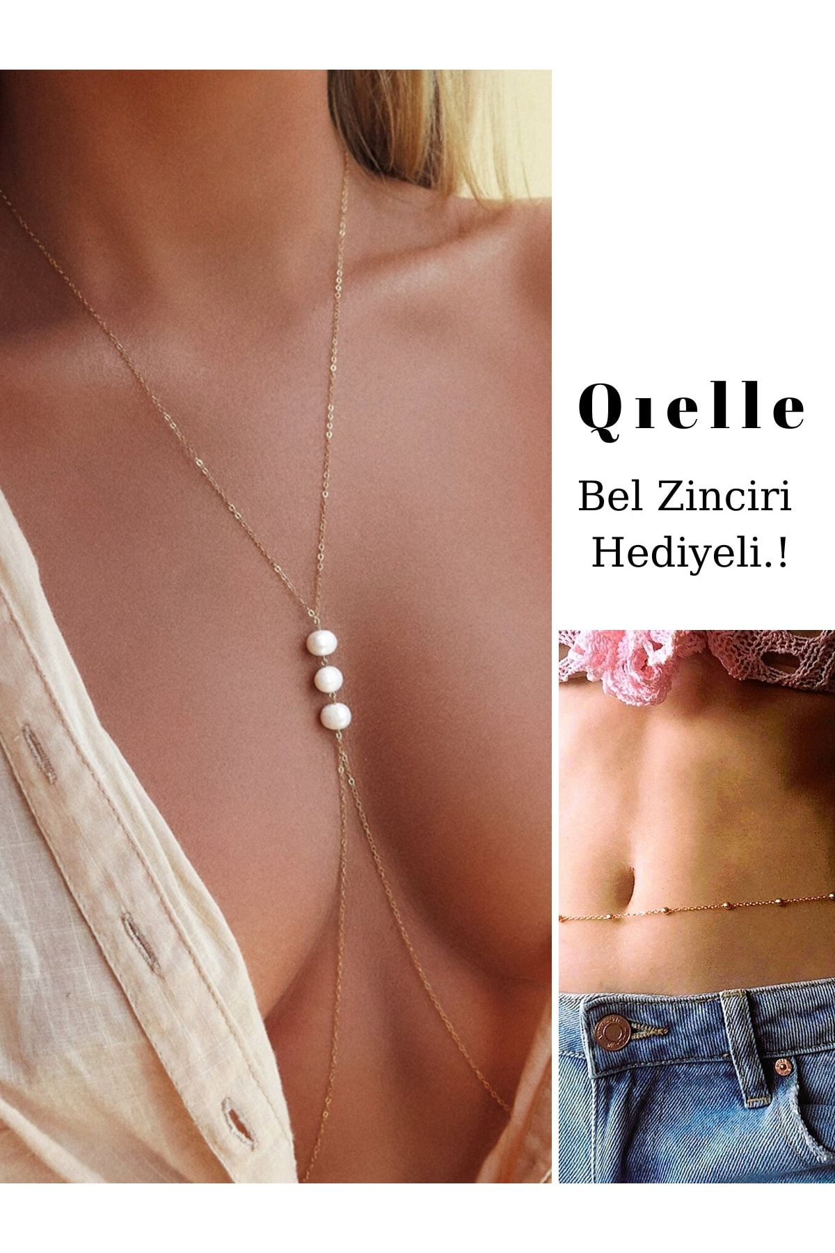 Qielle Kararmaz Kopmaz Inci Detay Dekolte Vücut Zinciri - Body Chain (bel Zinciri Hediyeli)