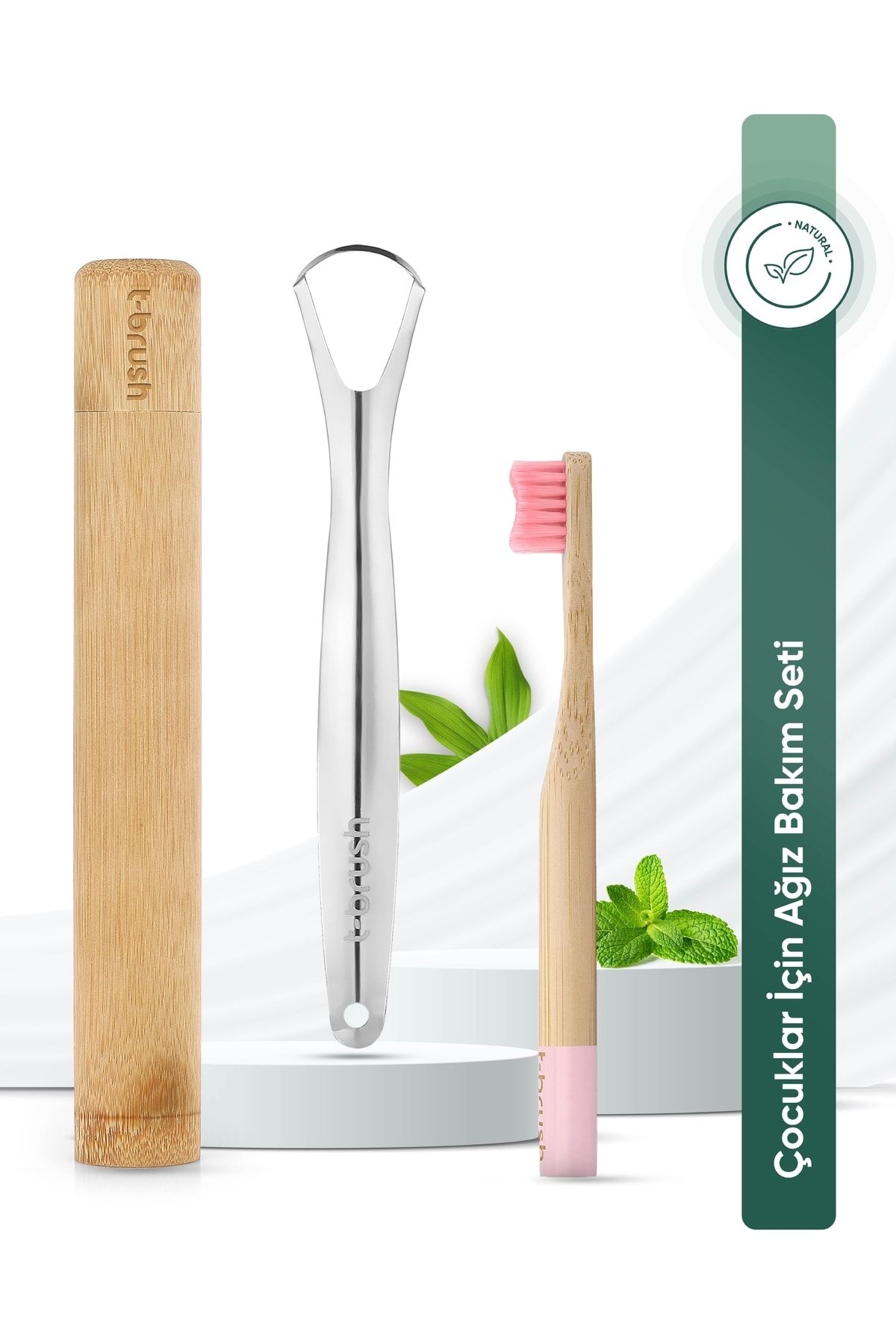 TBRUSH Pembe Bambu Diş Fırçası - Soft (yumuşak) + Paslanmaz Çelik Dil Temizleyici + Diş Fırçası Kabı