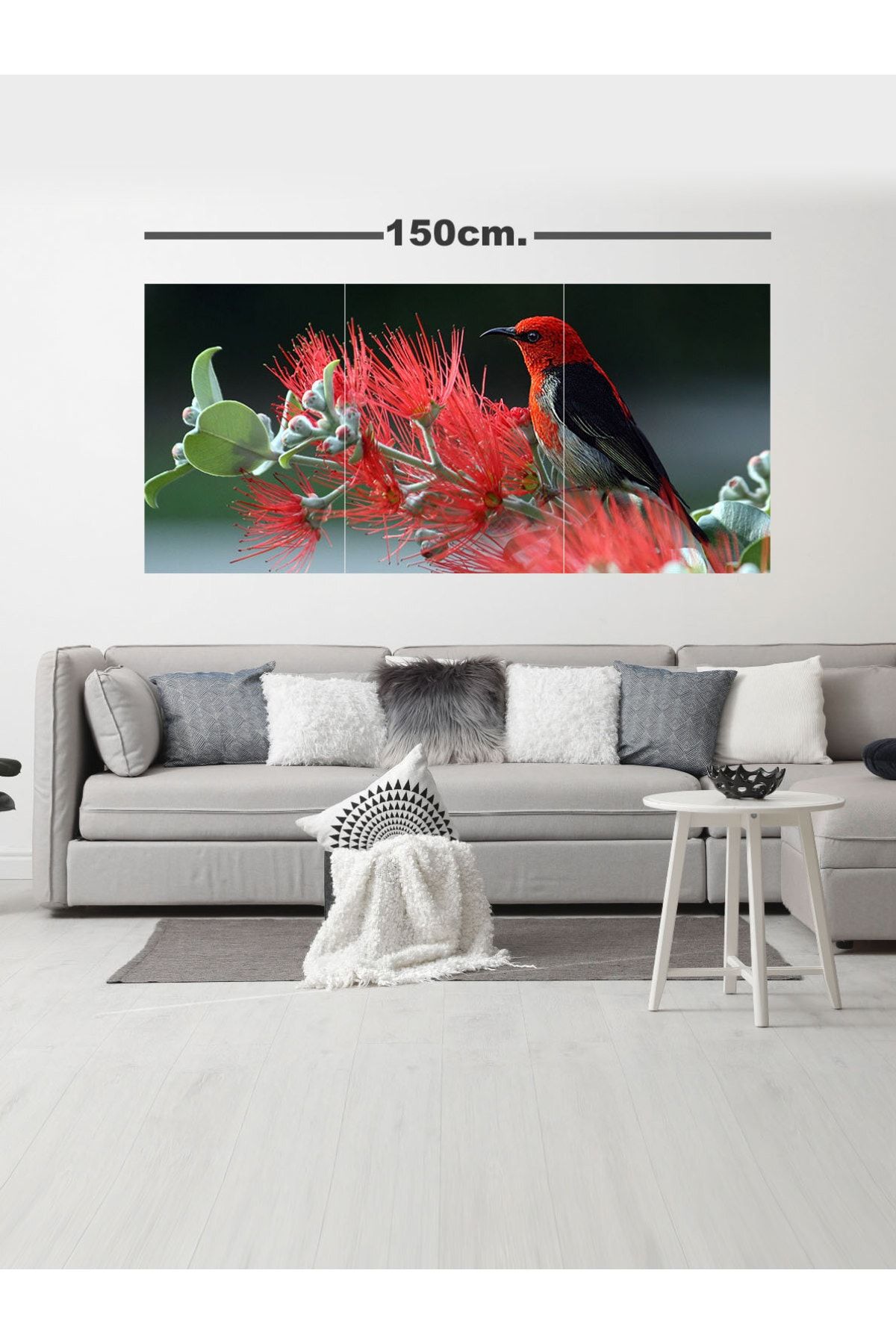 Tablomega Ahşap Tablo Kırmızı Çiçek Kuş Ve Doğa Desenli 70*150cm