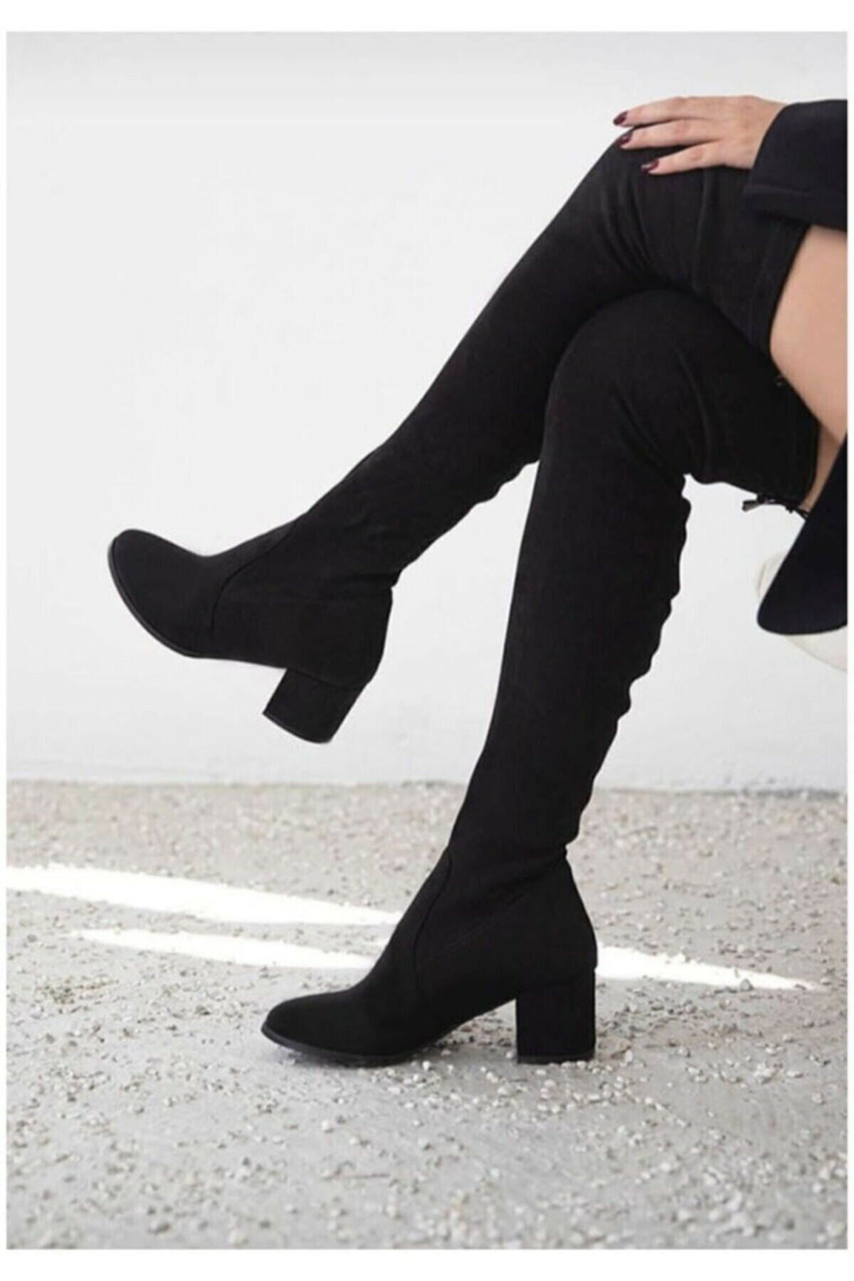 Modapigo Uzun Topuklu Süet Siyah Çorap Çizme