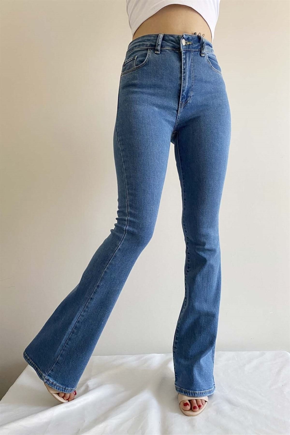 LİMABEL All Star Ispanyol Jeans Ispanyol Kot Yüksek Bel Solmaz Orta Mavi Ispanyol Kot Pantolon (EXTRA RAHAT)