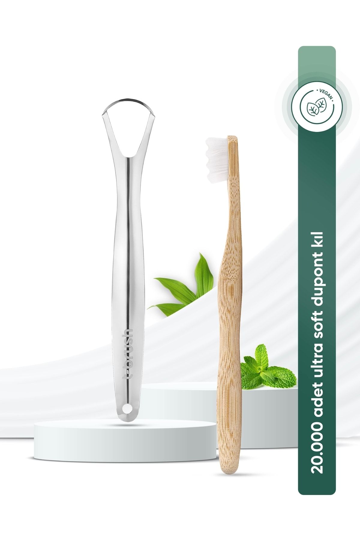 TBRUSH Nano Doğal Bambu Vegan Diş Fırçası - Ultra Soft Beyaz Paslanmaz Çelik Dil Temizleyici