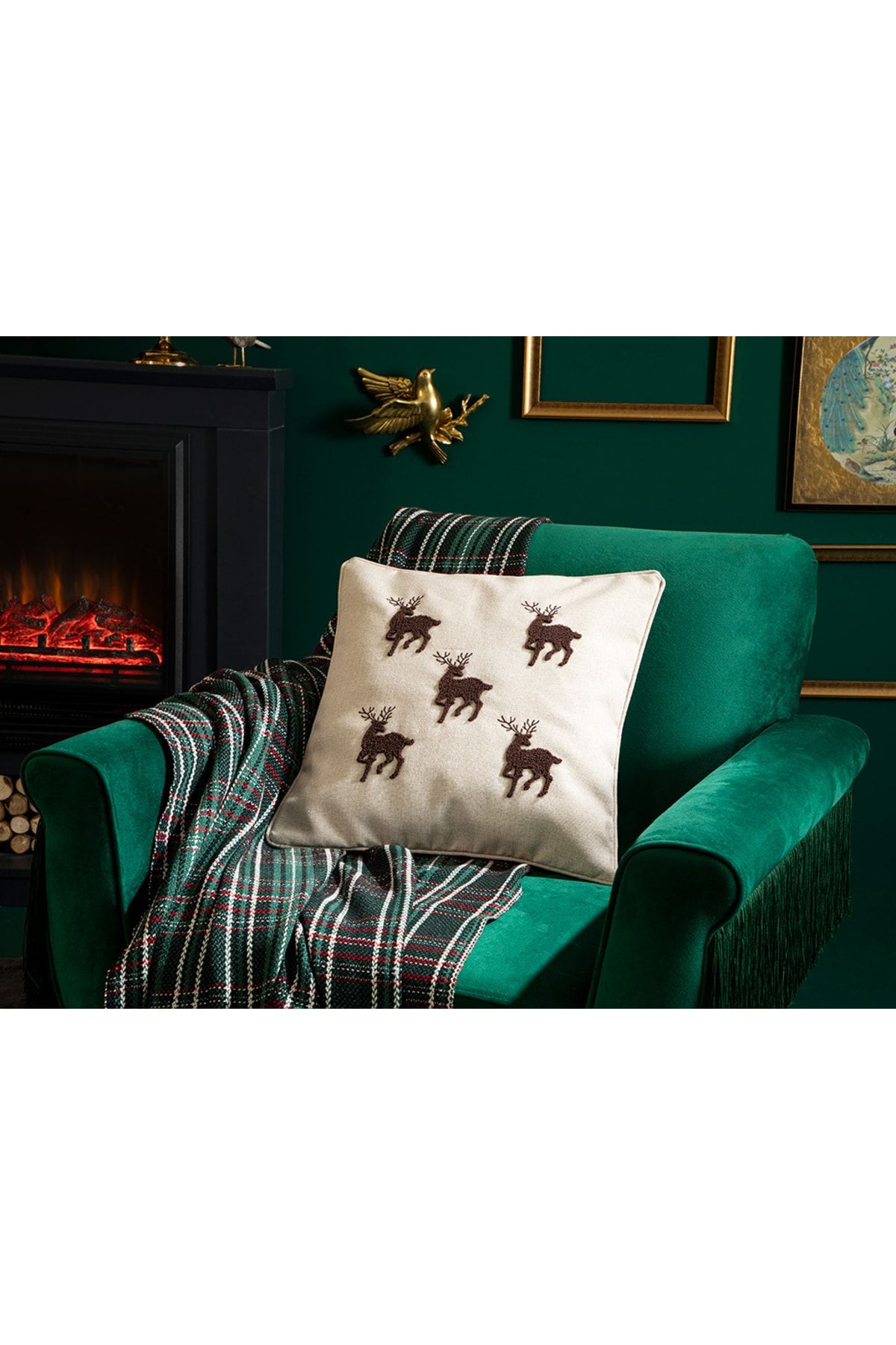 English Home Deer Dolgulu Kırlent 43x43 Cm Ekru