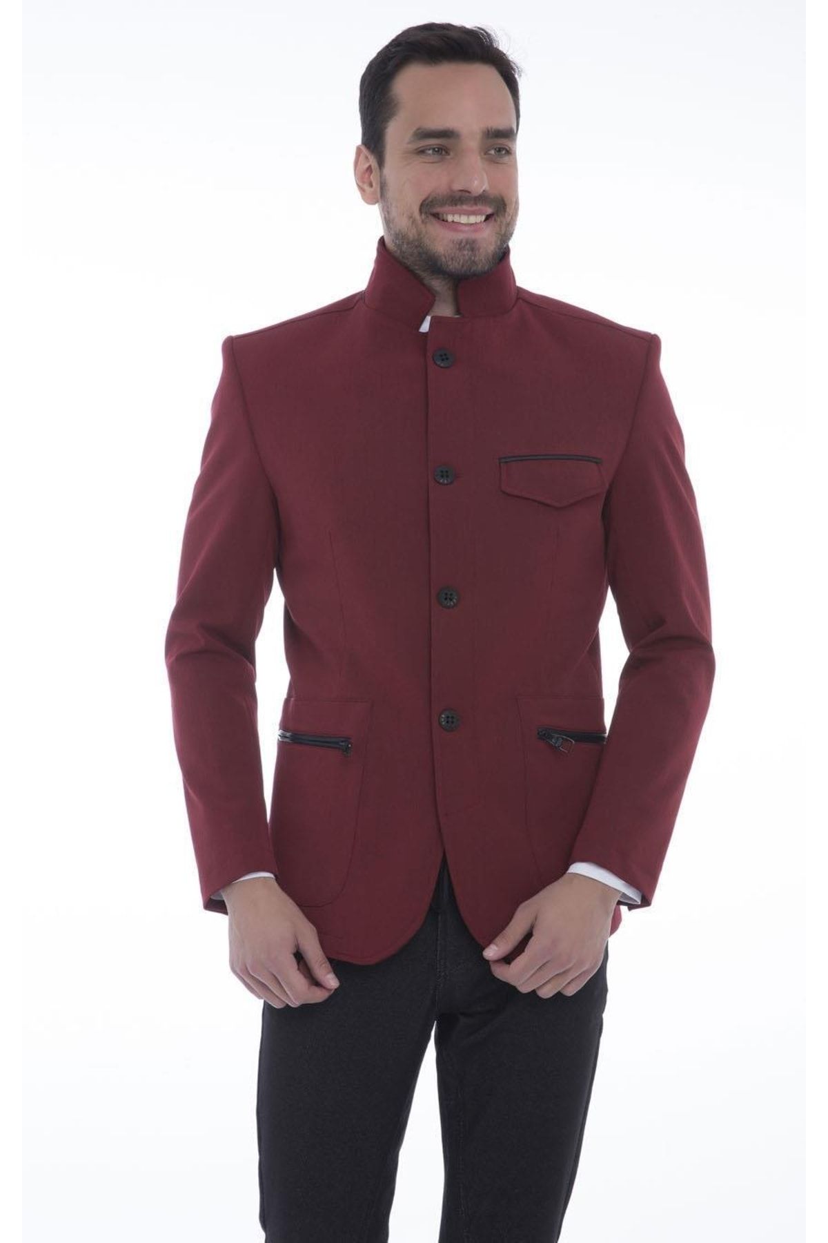 Cekmon Erkek Dik Yaka Fermuarlı Düğmeli Cepli Düz Renk Astarlı Blazer Klasik Ceket