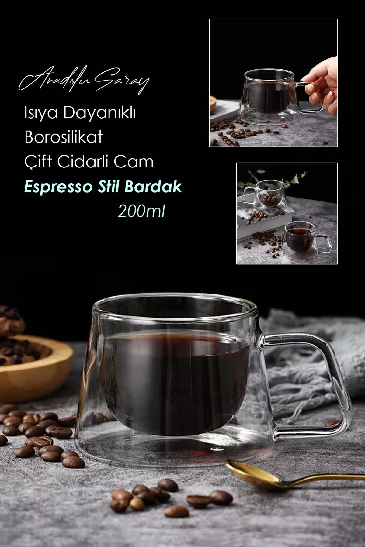 Anadolu Saray Çarşısı Isıya Dayanıklı Kuplu Çift Cidarlı Espresso Bardak | Kahve Ve Sunum Bardağı | Borosilikat Bardak