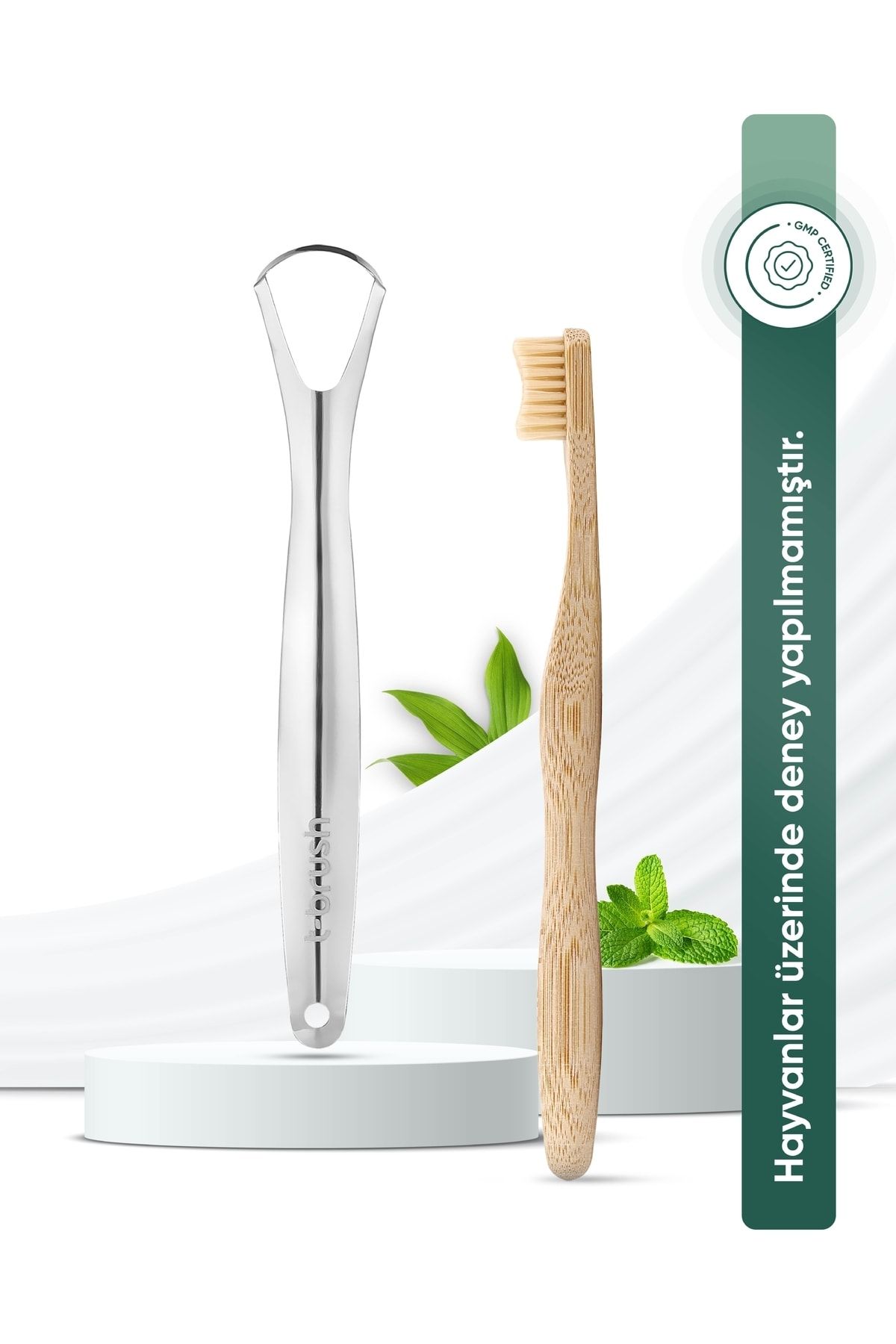 TBRUSH Kremrengi Doğal Bambu Vegan Diş Fırçası - Medium (orta Sert) + Paslanmaz Çelik Dil Temizleyici