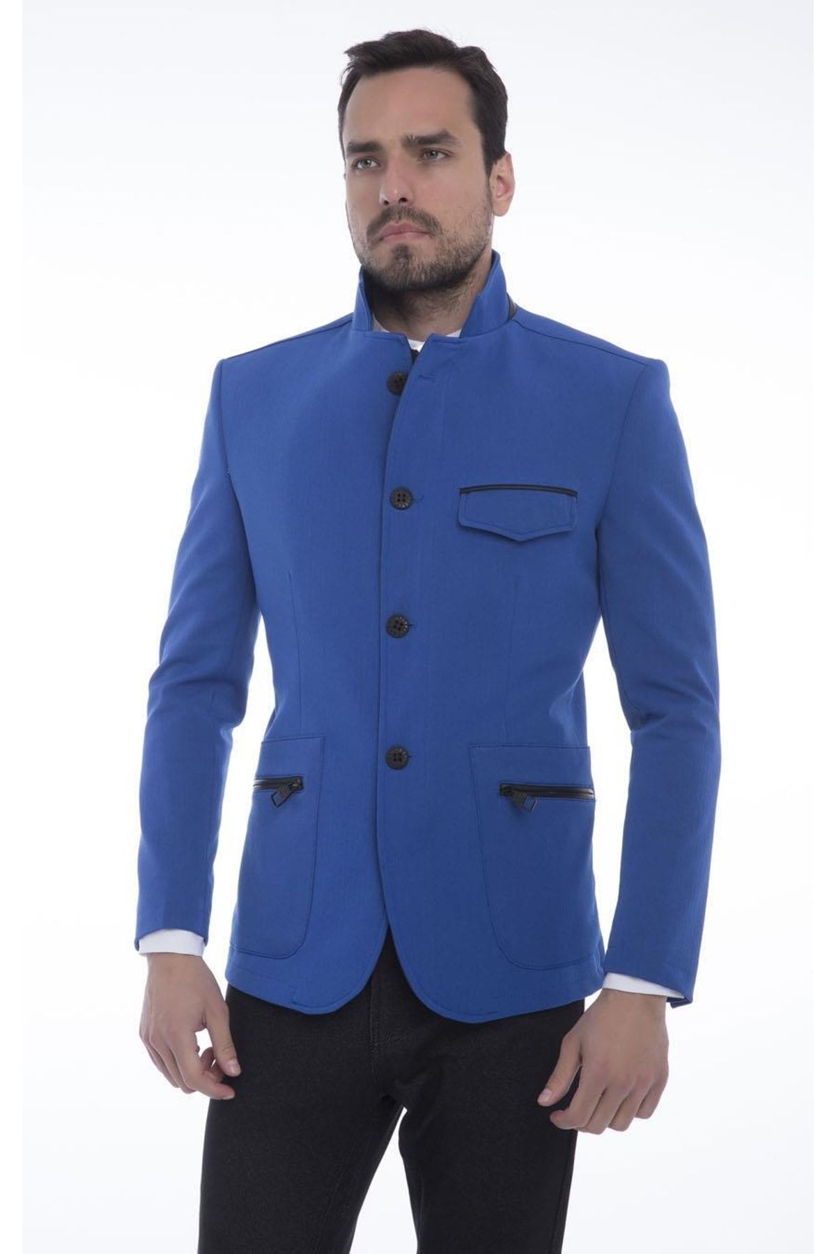 Cekmon Erkek Dik Yaka Fermuarlı Düğmeli Cepli Düz Renk Astarlı Blazer Klasik Ceket