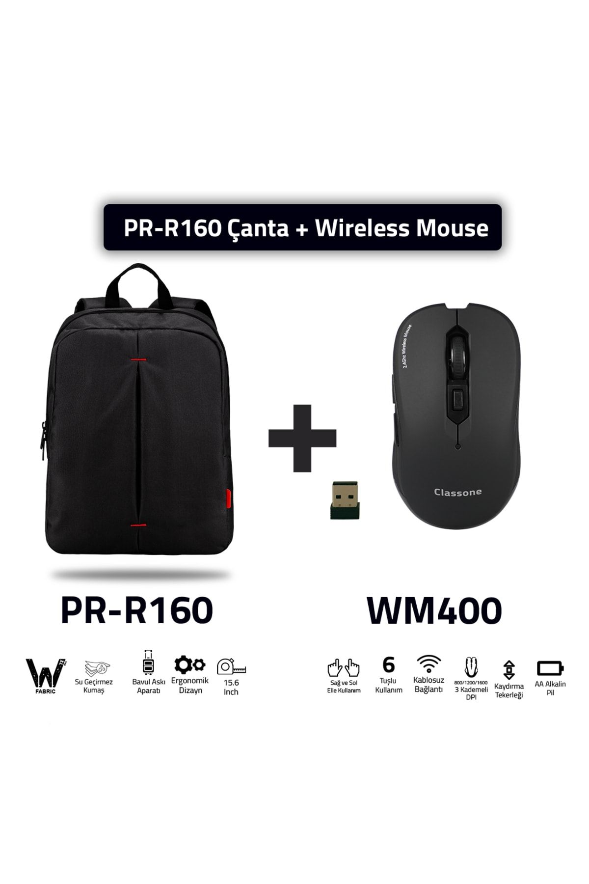 Classone Pr-r160-wm400 Mouse -15.6" Su Geçirmez Kumaş Laptop ,notebook Sırt Çantası+ Kablosuz Mouse