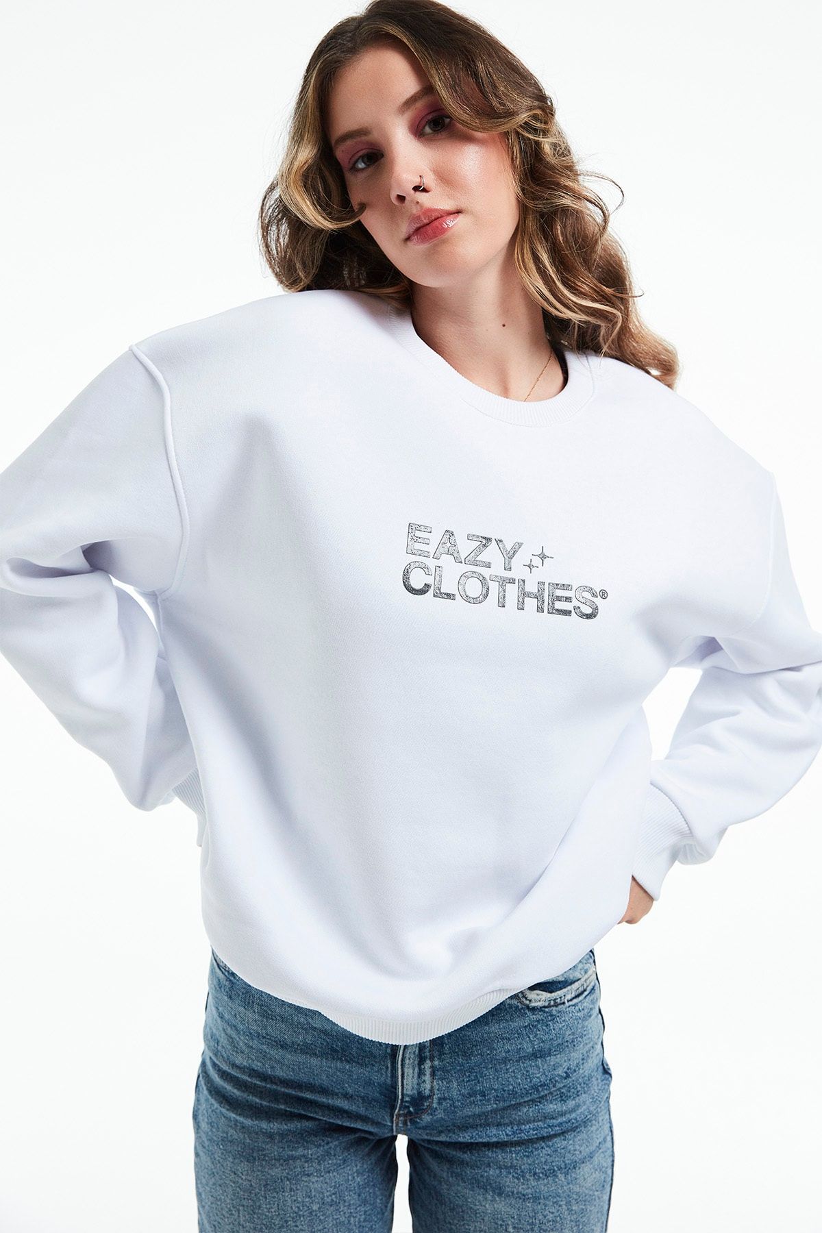 Eazy Co Eazy Clothes Oversize Unisex Beyaz Bisiklet Yaka Kalın Sweatshirt