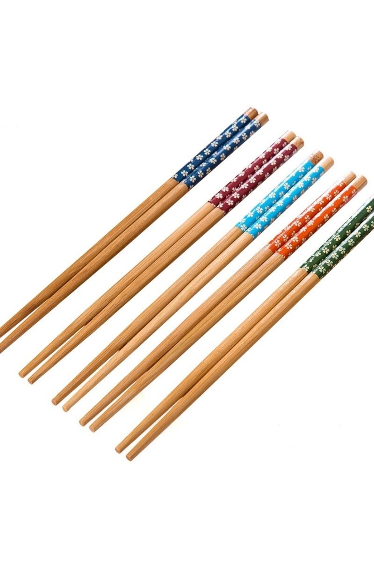 Bunionettes 5 Çift Chopstick Yıkanabilir Organik Ahşap Desenli Bambu Yemek Çubuğu, Sushi Japon Çin Yemek Çubuğu