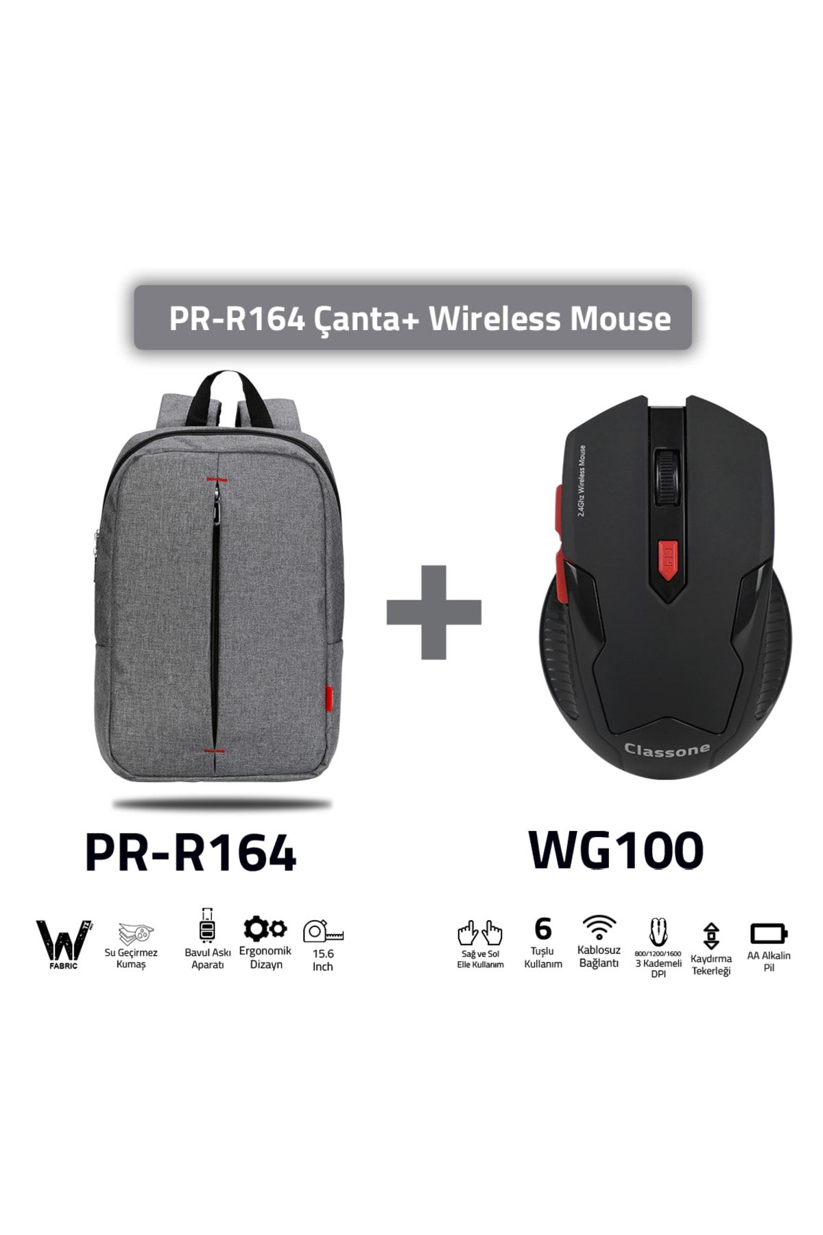 Classone Pr-r164-wg100 Mouse -15.6" Su Geçirmez Kumaş Laptop ,notebook Sırt Çantası+ Kablosuz Mouse