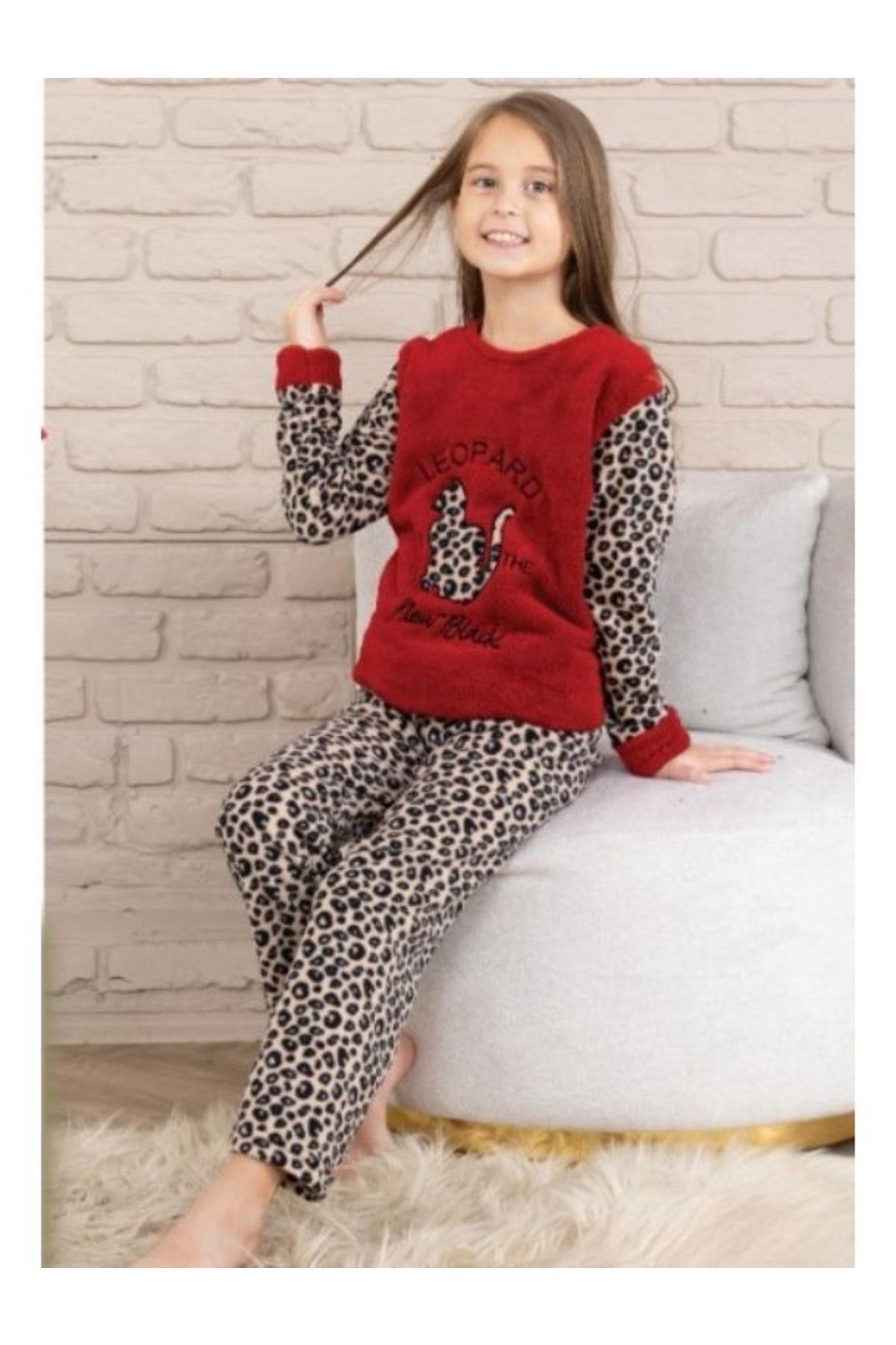 Pyjama Familya Kız Çocuk Leopar Desenli Peluş Polar Pijama Takımı