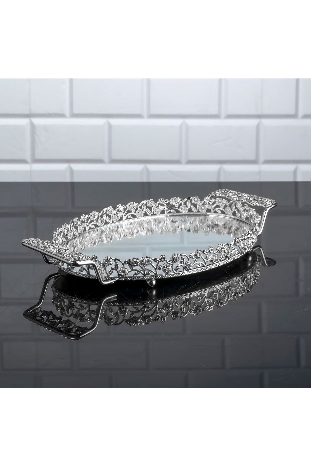 Zeyve Home Elmas Oval Küçük Tepsi Aynalı Metal Kulplu Kahve Sunumluk Çikolata Tepsisi Gümüş