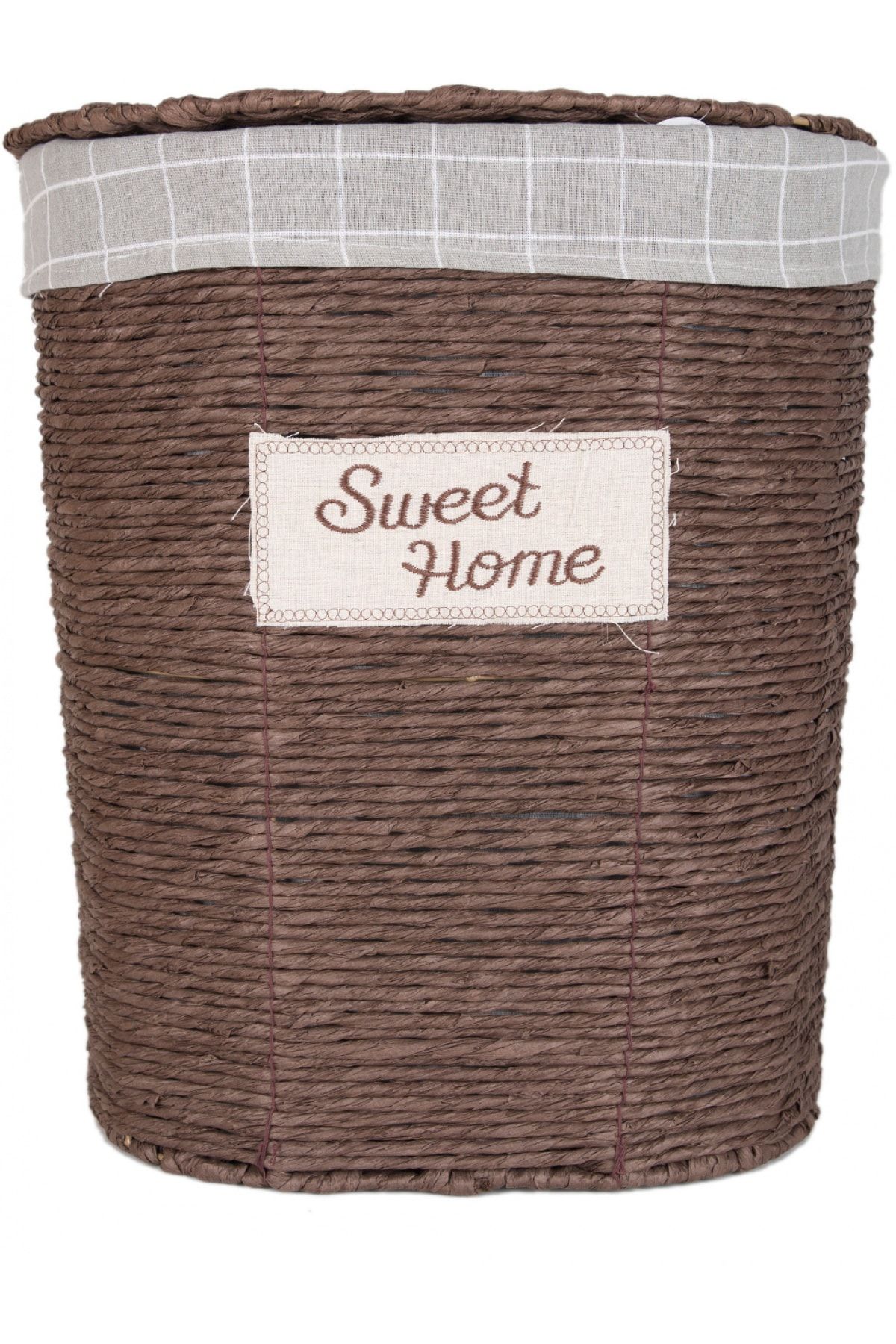 Herdekora Oval Sweethome Kapaklı Hasır Çamaşır Sepeti (gri Kare Kumaş Içli) Kahverengi 48 X 53 X 35 Cm